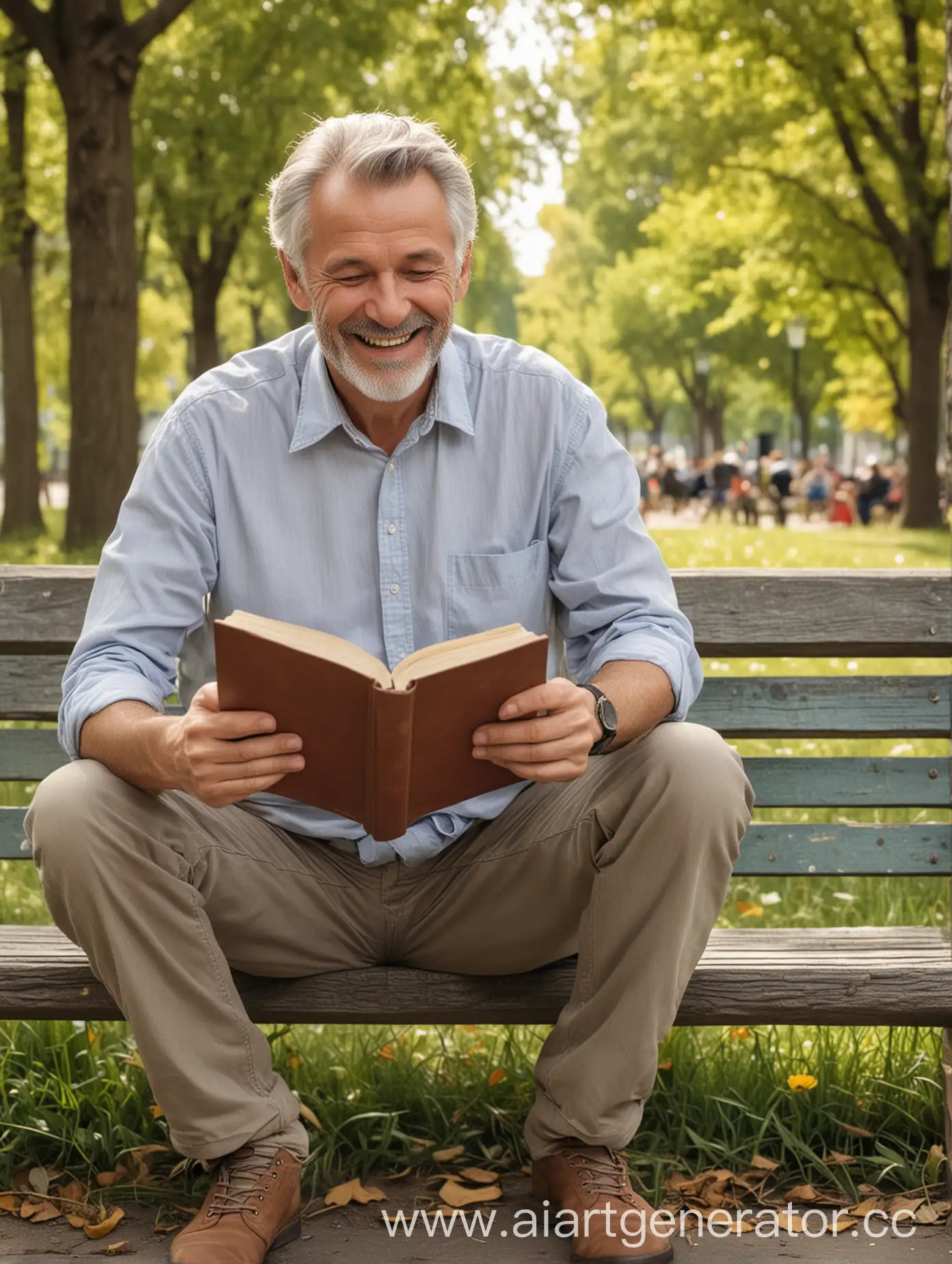 Cheerful-Middleaged-Man-Enjoying-Book-Reading-in-the-Park