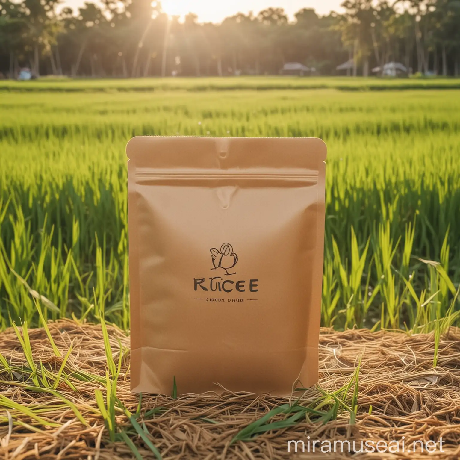 BROWN KRAFT PAPER PACKAGING  MOCK UP IN RICE PADDY BACKGROUND, BEAUTIFUL, DAYLIGHT, CINEMATIC LIGHTENING