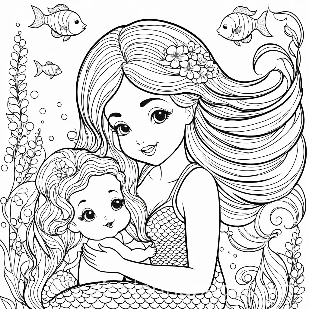Happy-Cute-Mermaid-Baby-and-Mother-with-Floral-Hair-in-Underwater-Scene