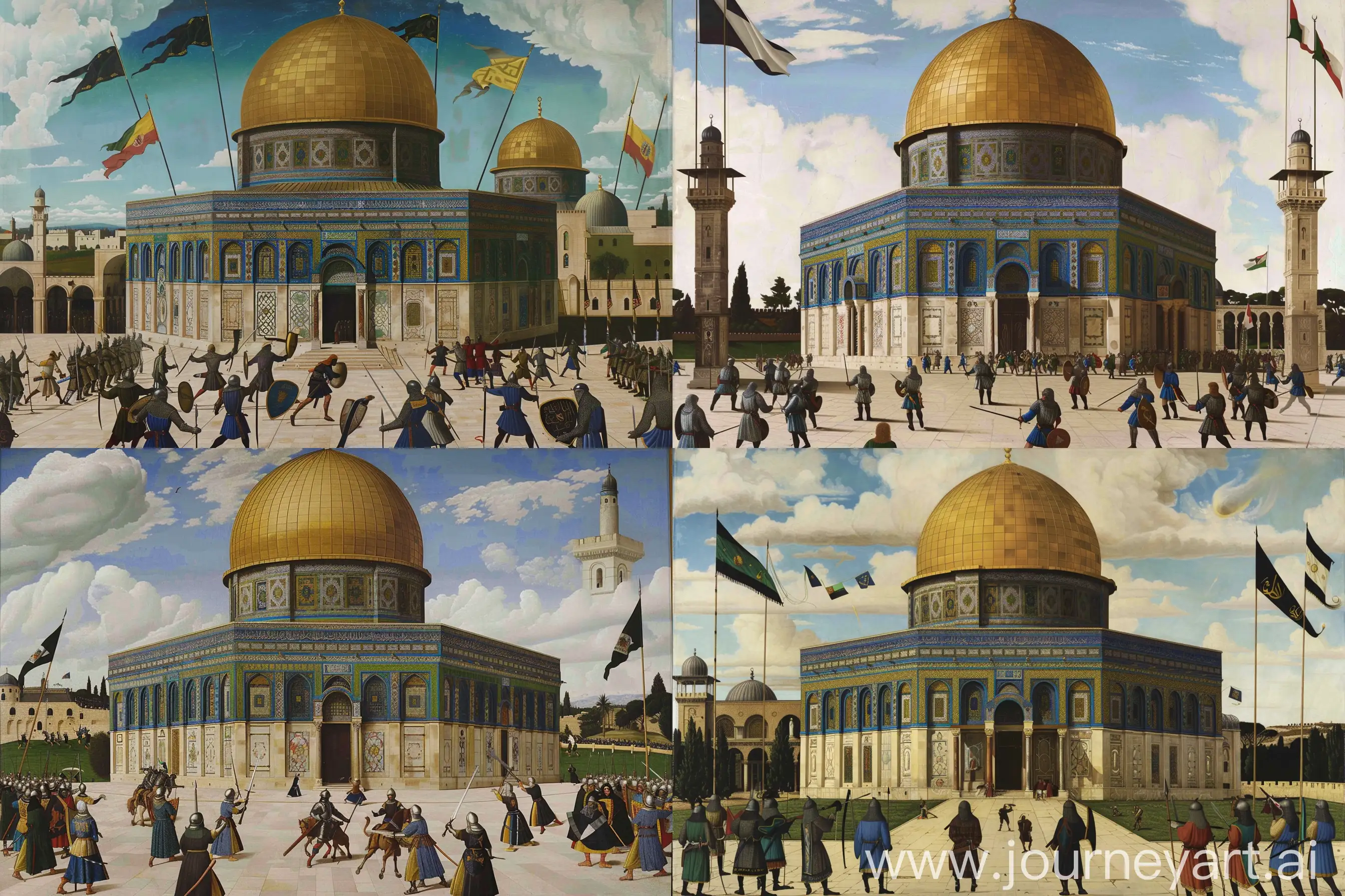 medieval Renaissance painting depicting a medieval battle scene between saracen knights and crusaders, in a lush green field, Al-aqsa mosque of Jerusalem at the center, masjid al-aqsa, cloudy sky, flags and knight banners, heraldic aesthetic --ar 3:2 --v 6 --sref https://cdn.discordapp.com/attachments/1209182749441654865/1247644078070566992/Raffaello_-_Spozalizio_-_Web_Gallery_of_Art.jpg?ex=66616f58&is=66601dd8&hm=476953bed1d1d14ea4d4401426997a6b5832802a906a7439c121236ef68b581e& --cref <https://cdn.discordapp.com/attachments/1213041174428782623/1247881003733614628/images_-_2024-06-05T172308.069.jpg?ex=6661a33f&is=666051bf&hm=d620e36438856c91679b0027c2b15792aacc0cf617e8f43acfe529758e6c60f4&> --cw 99 --sw 999 --q 1