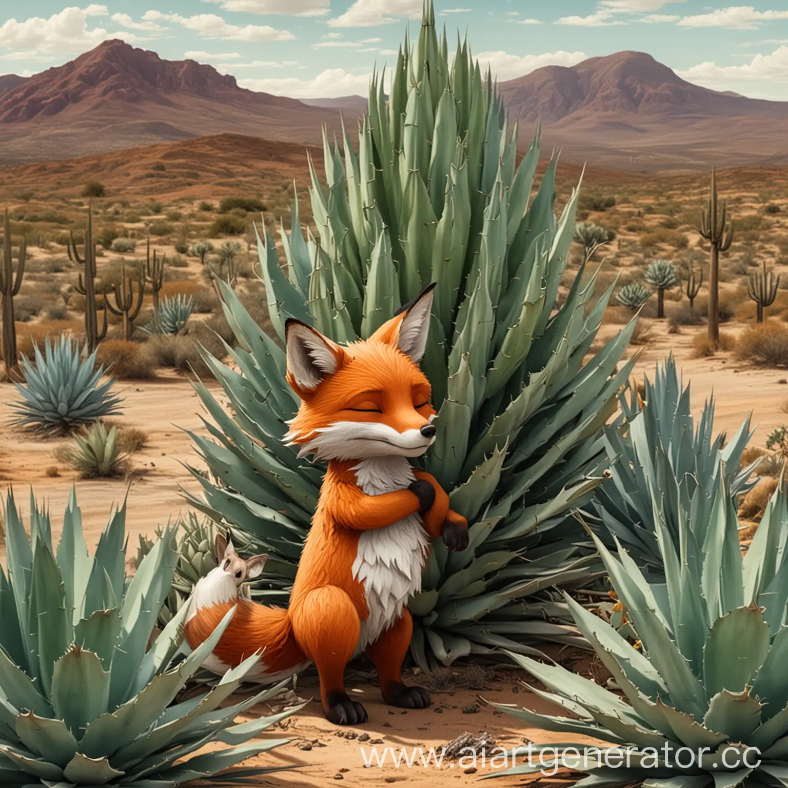 Fox-Embracing-Agave-Plant-in-the-Desert
