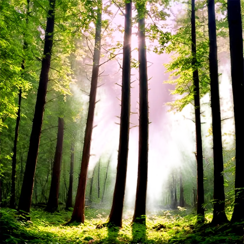 A lush forest with sunlight filtering through the trees.