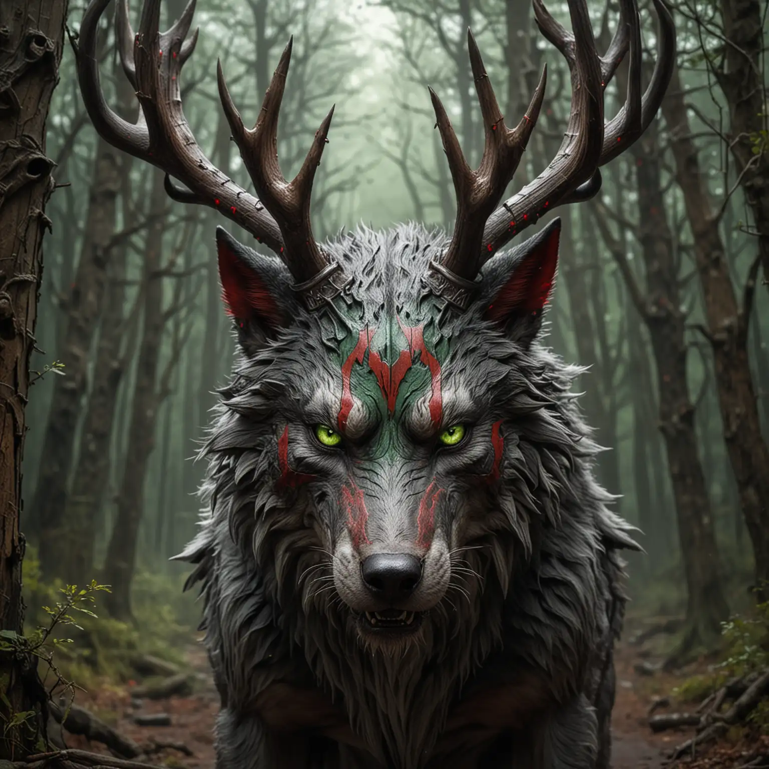 Majestic Direwolf with Antlers Enigmatic Guardian of the Dark Woods