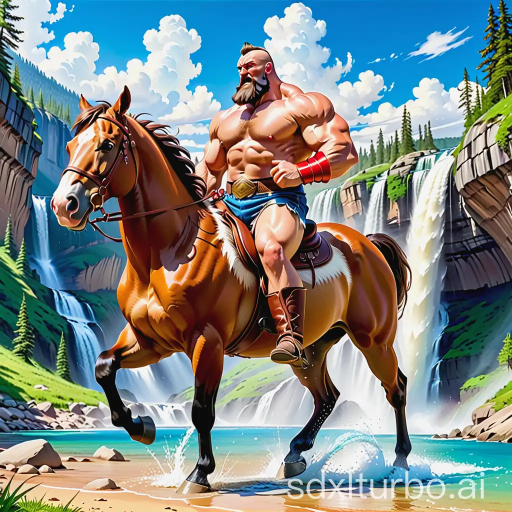 zangief riding a horse wearing a cowboy hat. shirtless. Bright summer day under blue skies with puffy white clouds.  background is a cabin in a ravine by a waterfall.