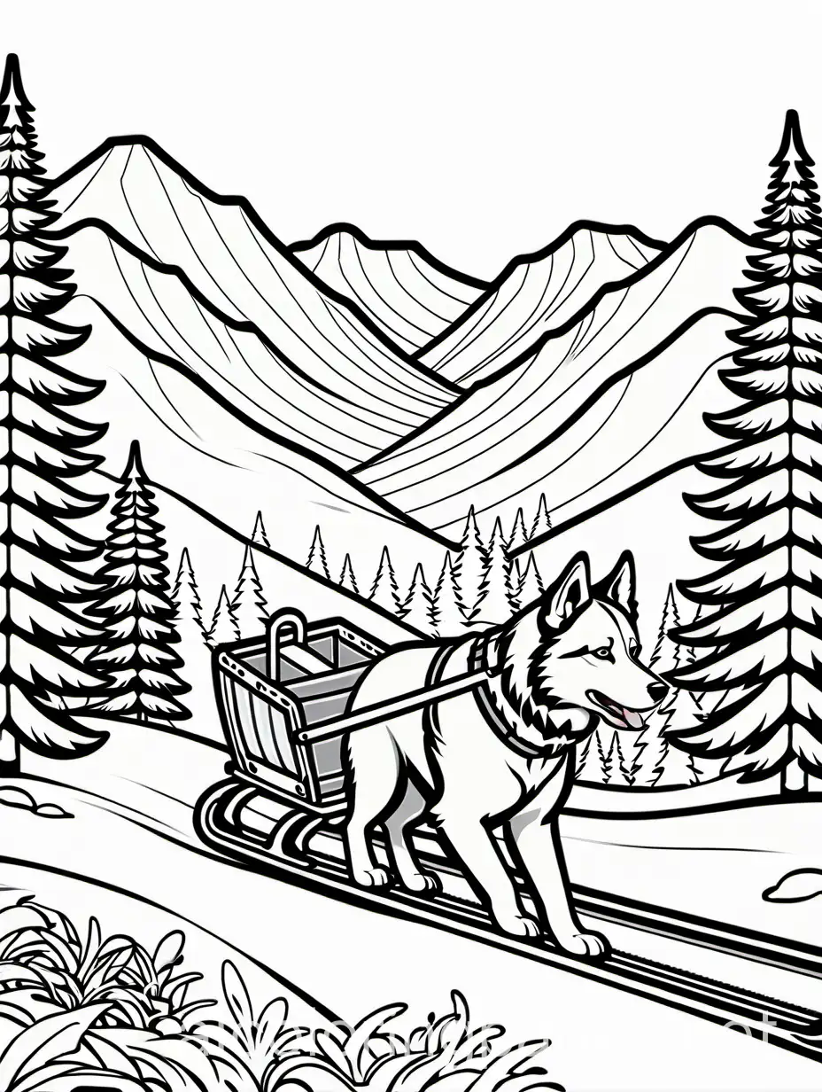 Coloring-Page-Siberian-Husky-Sled-Pulling-in-Snowy-Landscape