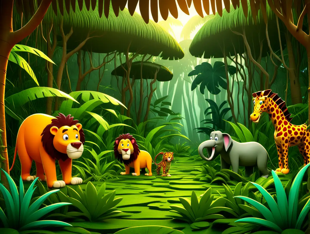 Colorful Cartoon Jungle with Playful Animals
