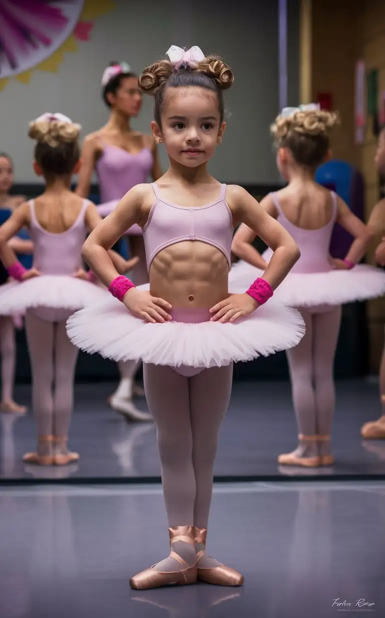 6 years old French ballerina, muscular abs, at ballet class, framed from head to knee