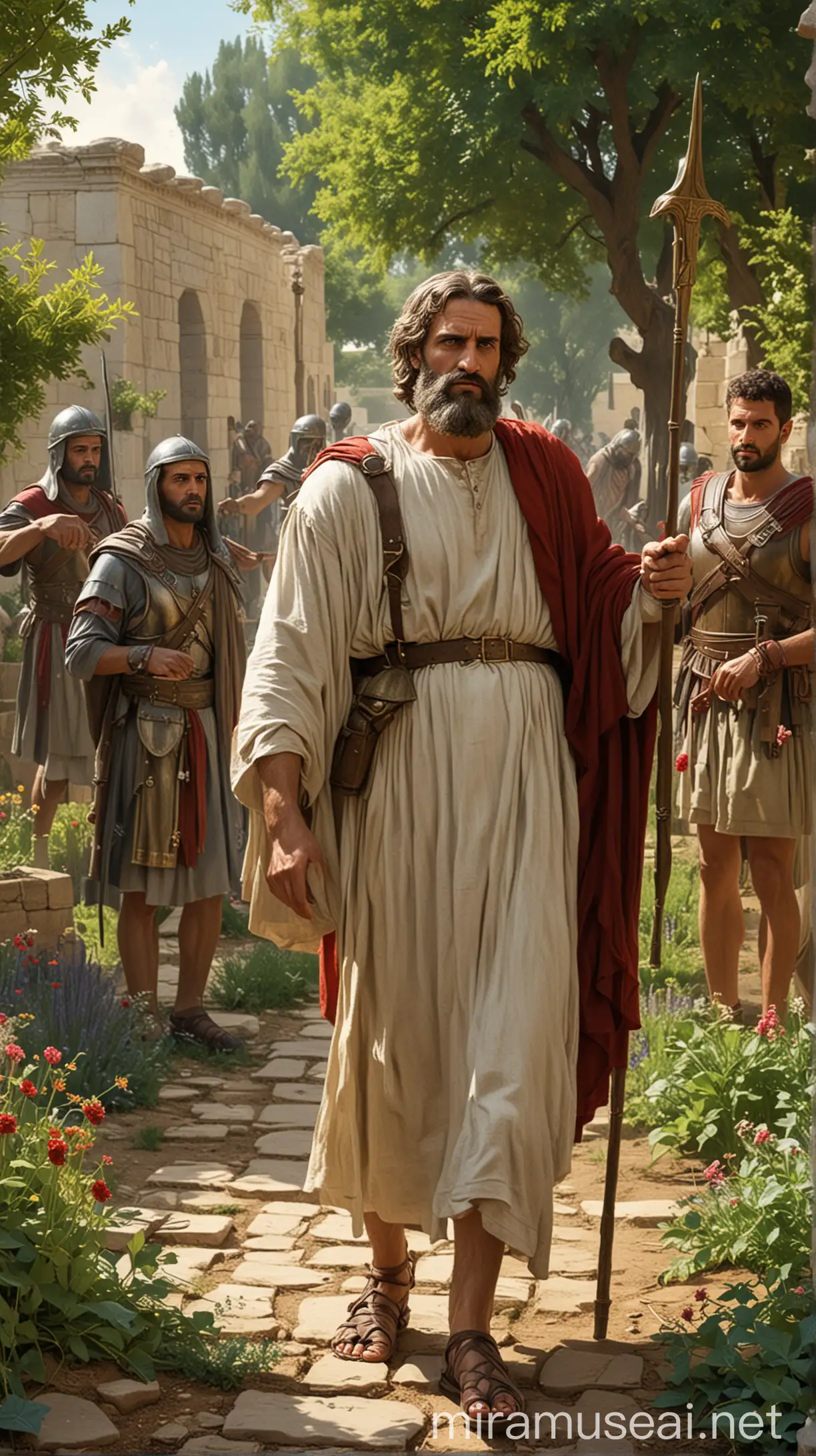 Illustrate Malchus a Greek man, a servant of the High Priest, accompanying armed Roman soldier and Temple guards to apprehend Jesus in the garden.In ancient world