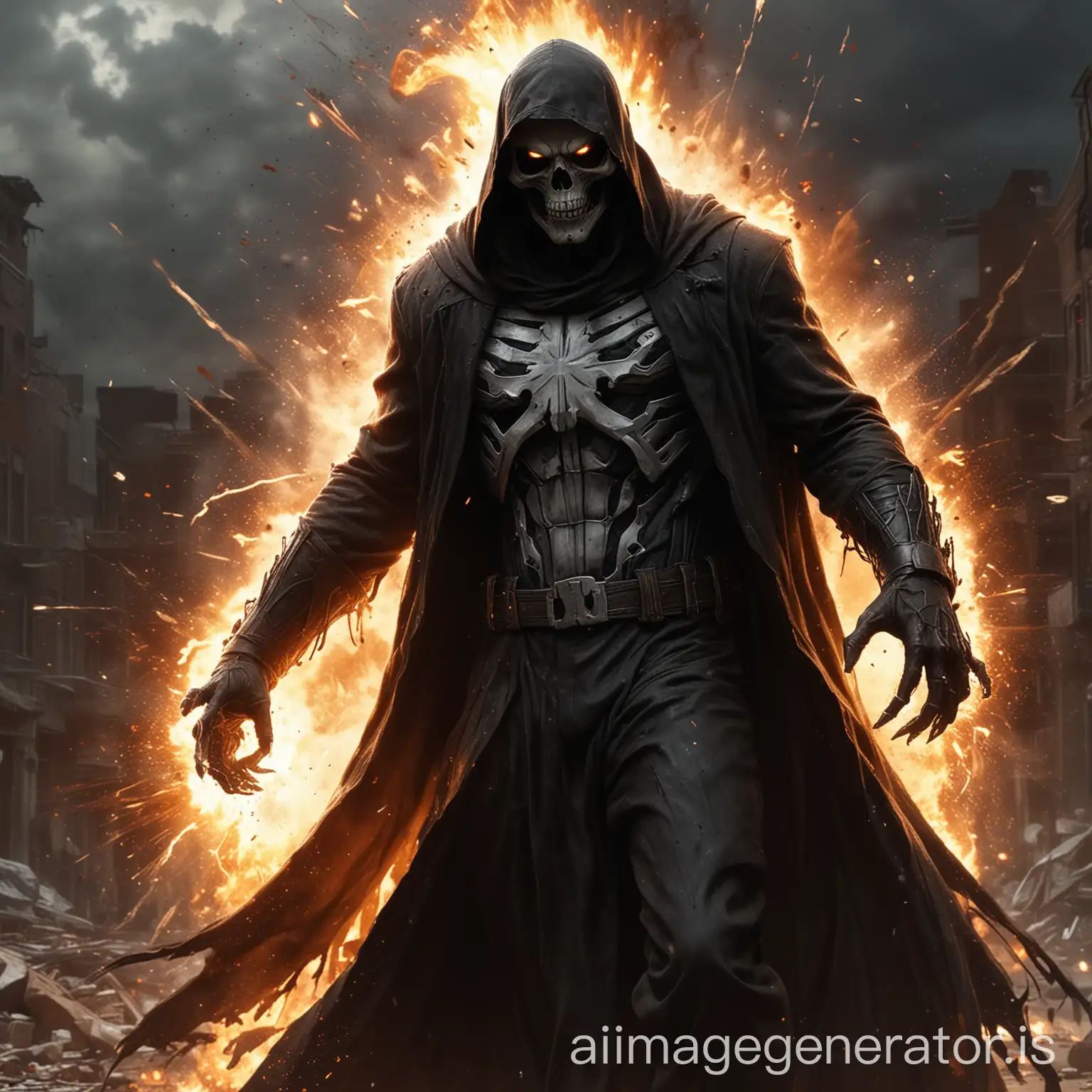 Draw the MARVEL character GRIM REAPER with an explosion behind him in realistic and cinematic art, but make it full size.