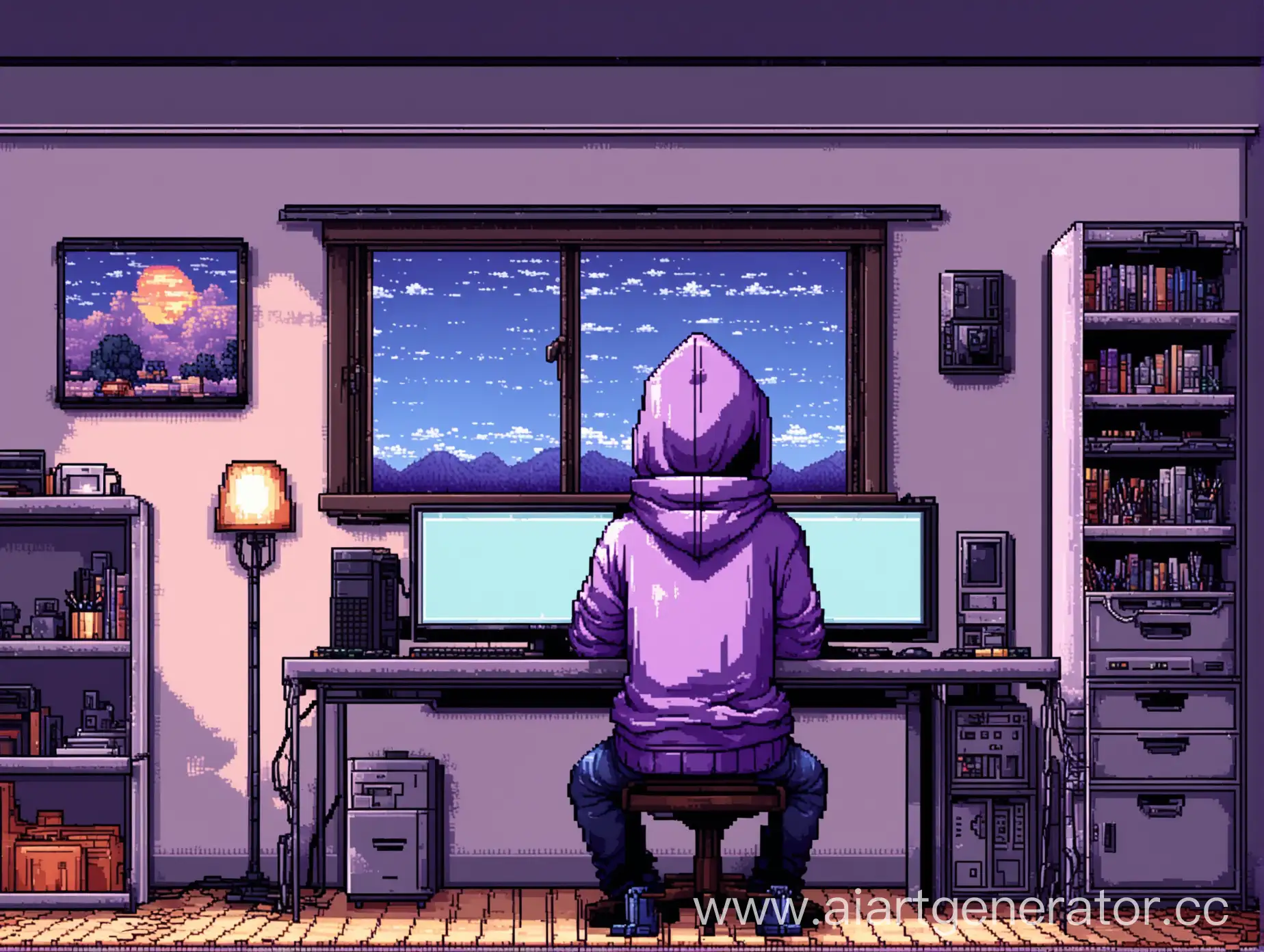 аниме парень в фиолетовой кофте с капюшоном сидящий в компьютере за столом в уютной квартире в пиксельном стиле вид со спины