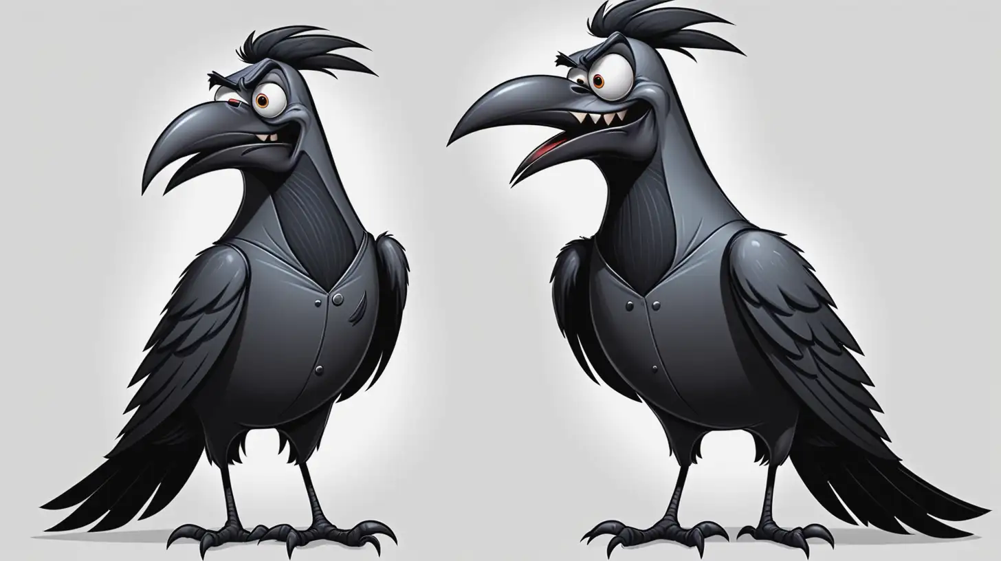 design a black and grey crow in 2d that is a villain in a childrens story with a goofy look like an old cartoon