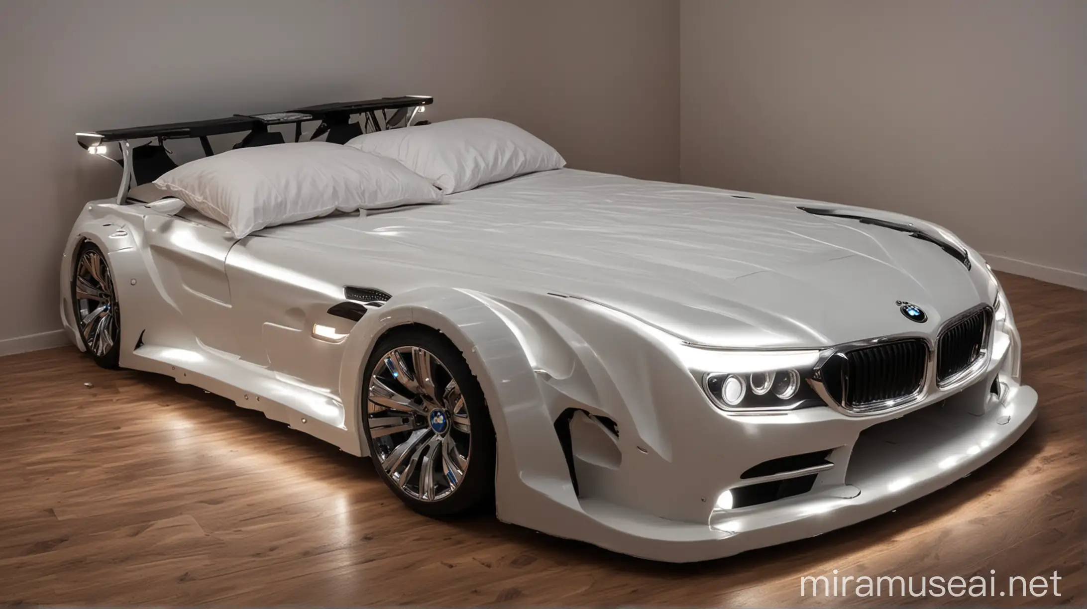 Double bed in the shape of a BMW car with headlights and tuning lights on