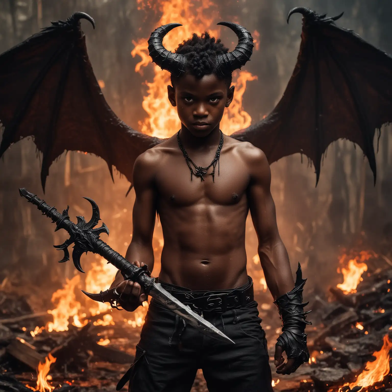 evil shirtless black boy with large horns with black devil wings holding a sword in his hand and surrounded by a lot of fire