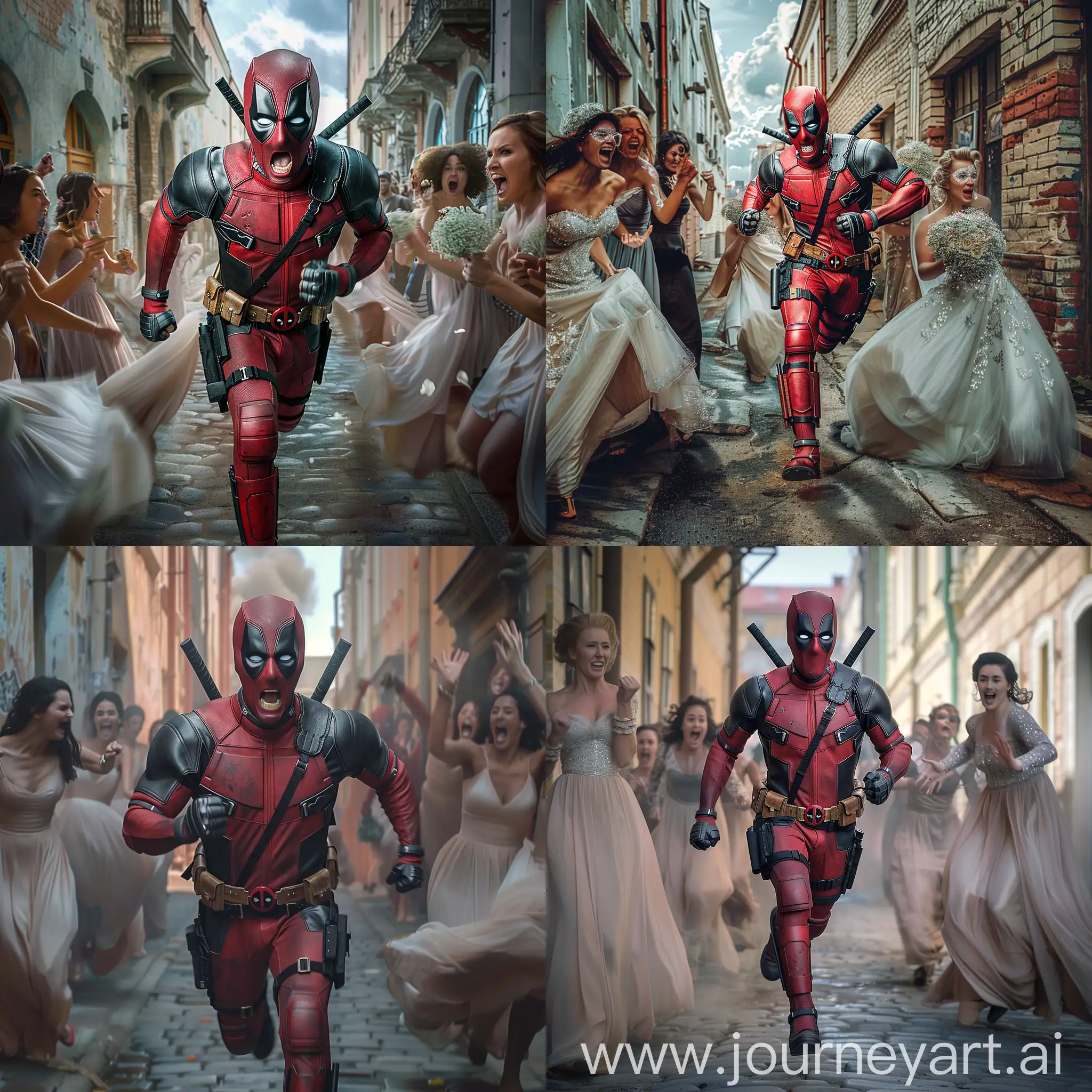 Deadpool runs from brides down an alley in a Russian city, his gaze looks scared, brides scream and rejoice like fans, comical scene, dynamic, 8k, ultra realistic