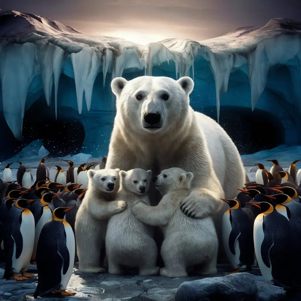 Melting Glacier with Polar Bear and Cubs Crying Surrounded by Penguins