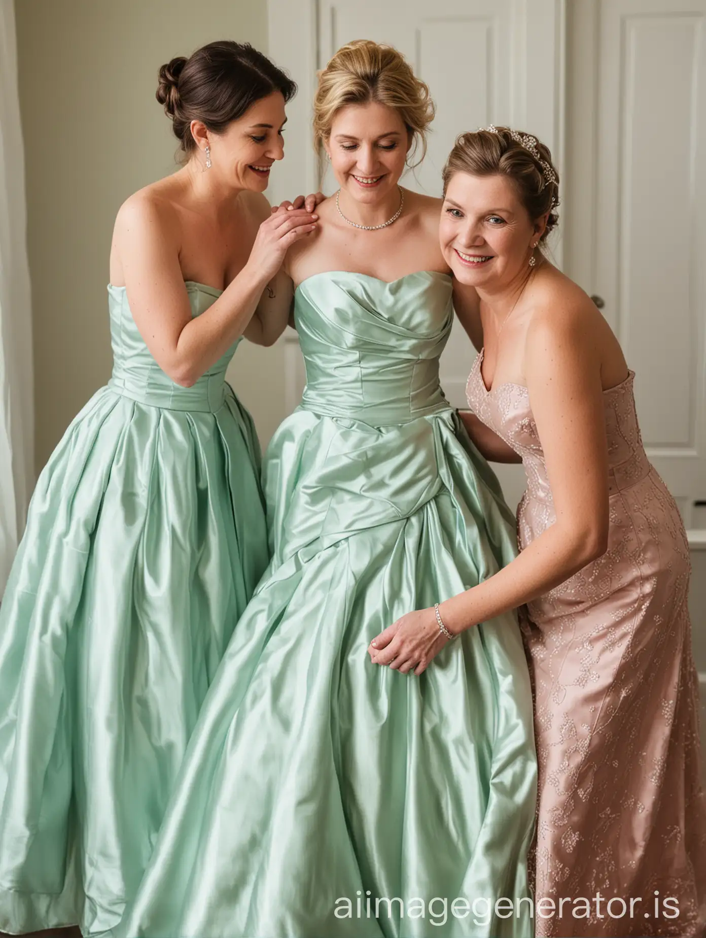 Mother and Aunt helping 15-year-old daughter dressing up in her fifties full-circle strapless prom gown in mint green satin