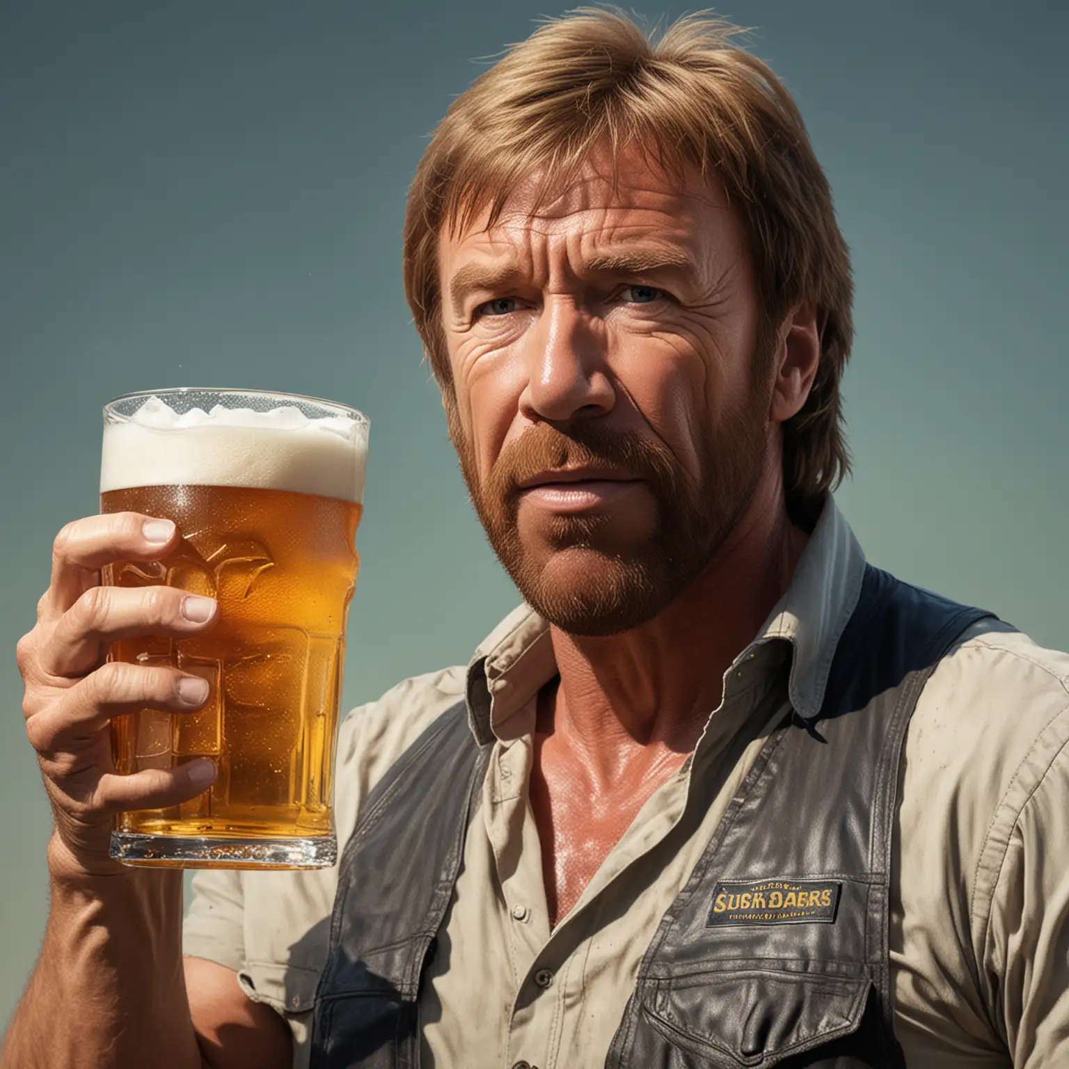 create a realistic image of Chuck Norris drinking a large ice cold draft beer on a hot summer day