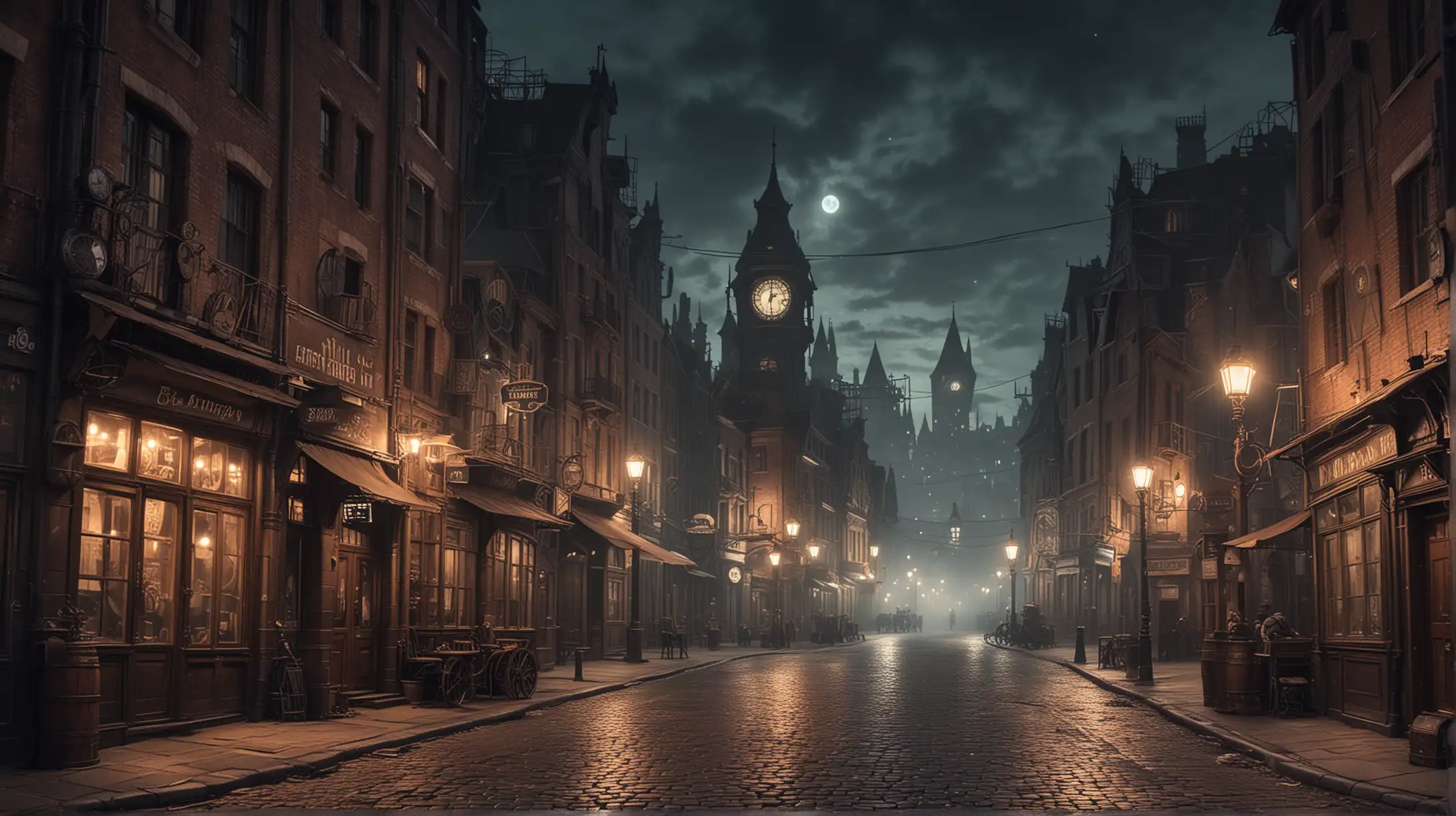 the night in the street of a steampunk city