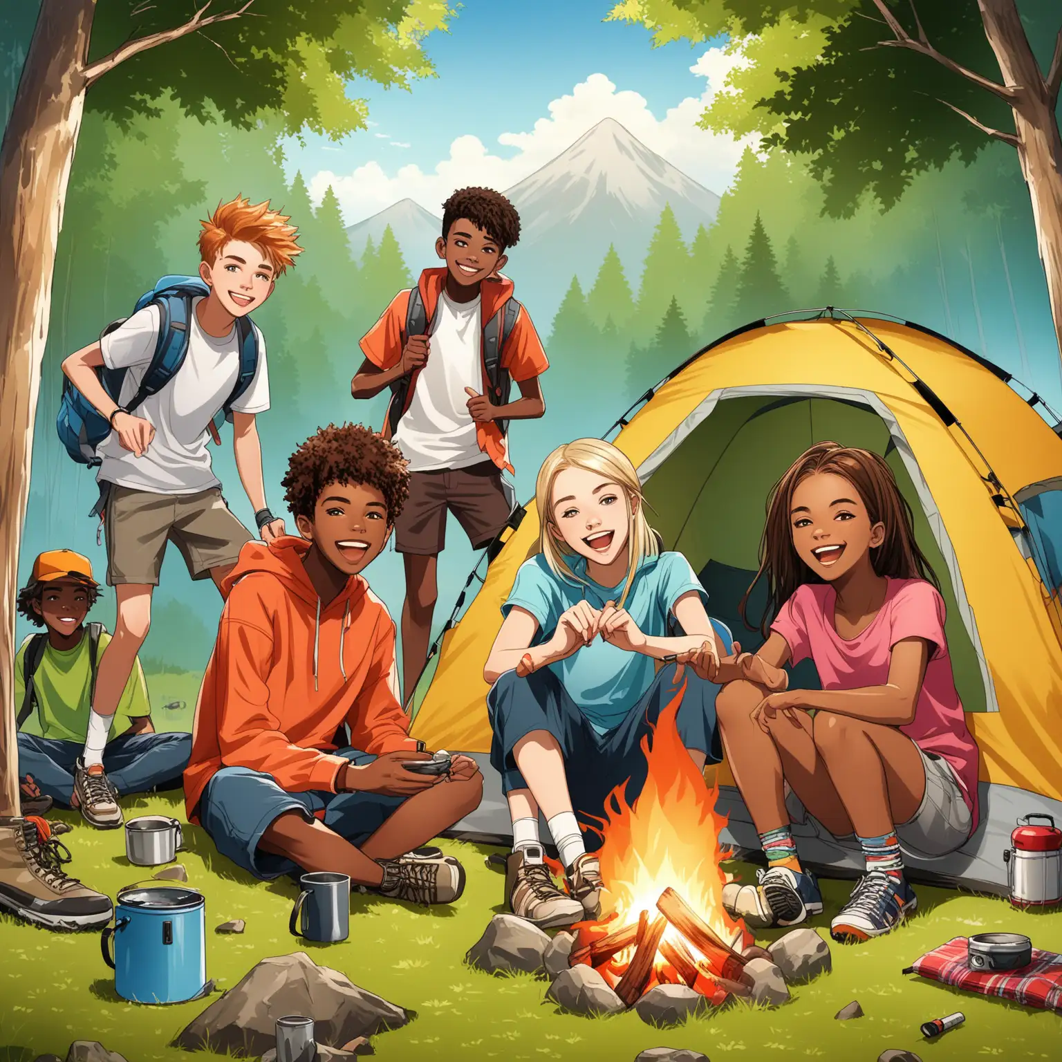 various races of teenagers camping and having fun