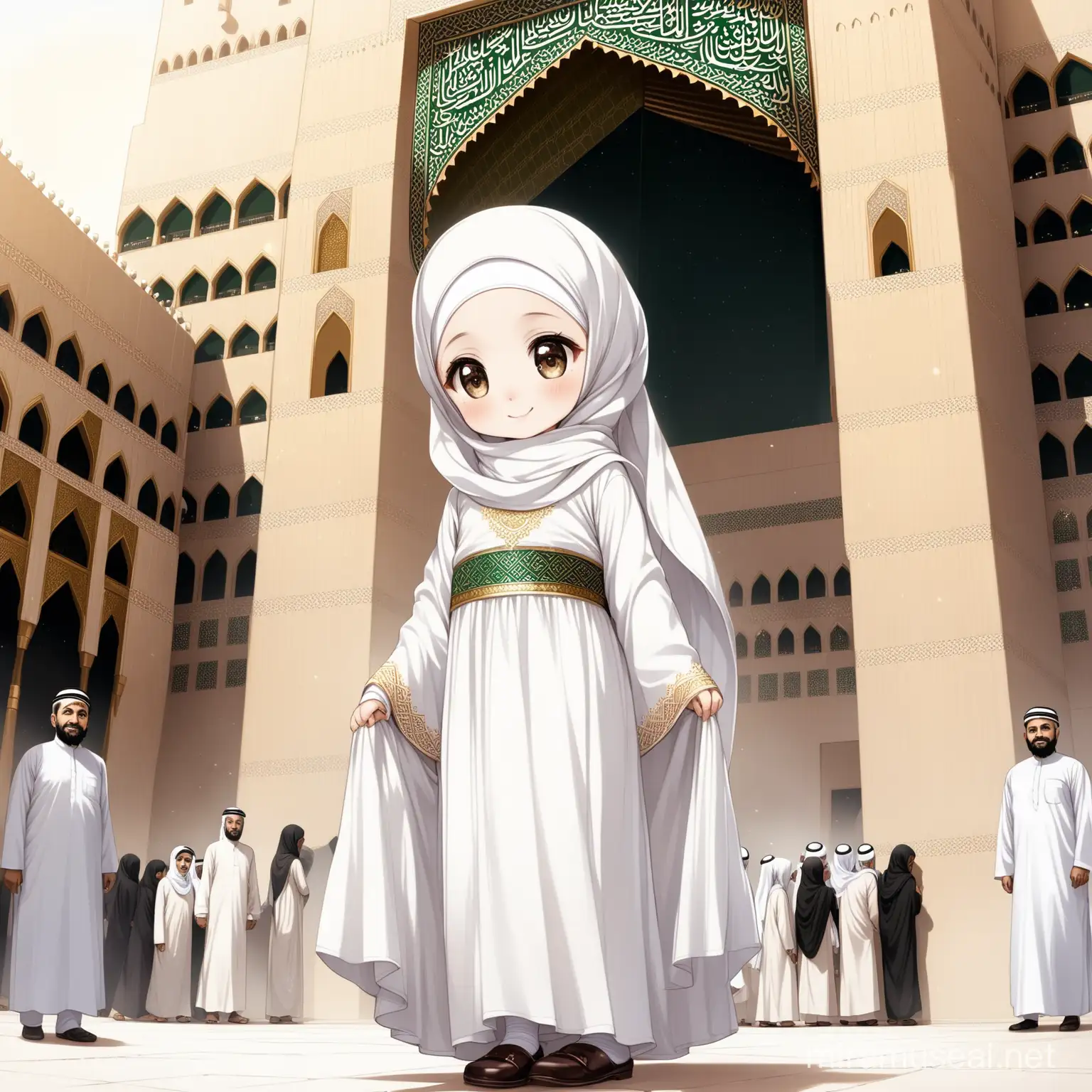 Character Persian little girl(full height, Muslim, with emphasis no hair out of veil(Hijab), smaller eyes, bigger nose, white skin, cute, smiling, wearing socks, clothes full of Persian designs) with her both father(not Arab) and mother.

Atmosphere Kaaba building in Mecca, yard, nobody, big white flag in one hand proudly.