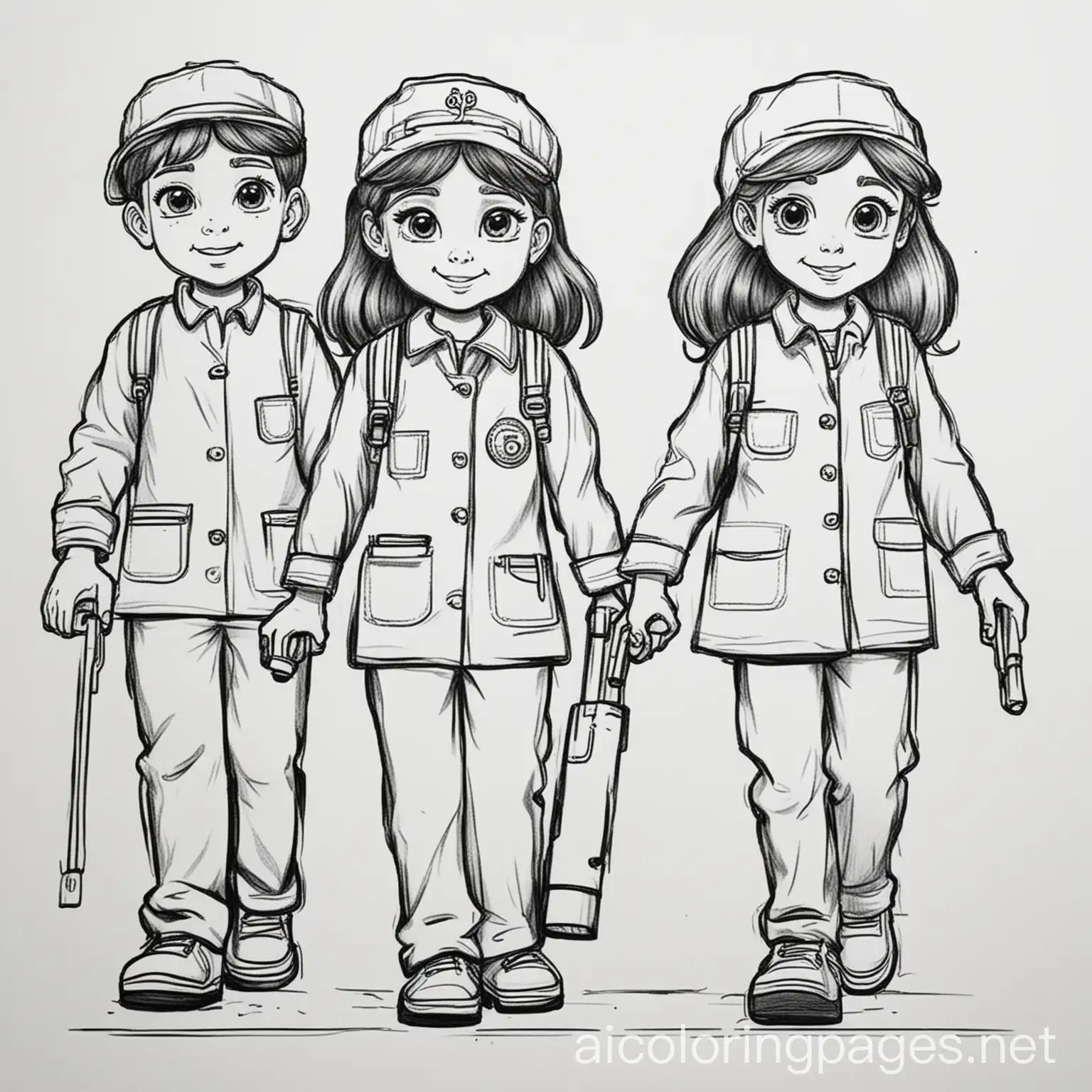 Children-Walking-in-Professions-Coloring-Page-Black-and-White-Line-Art