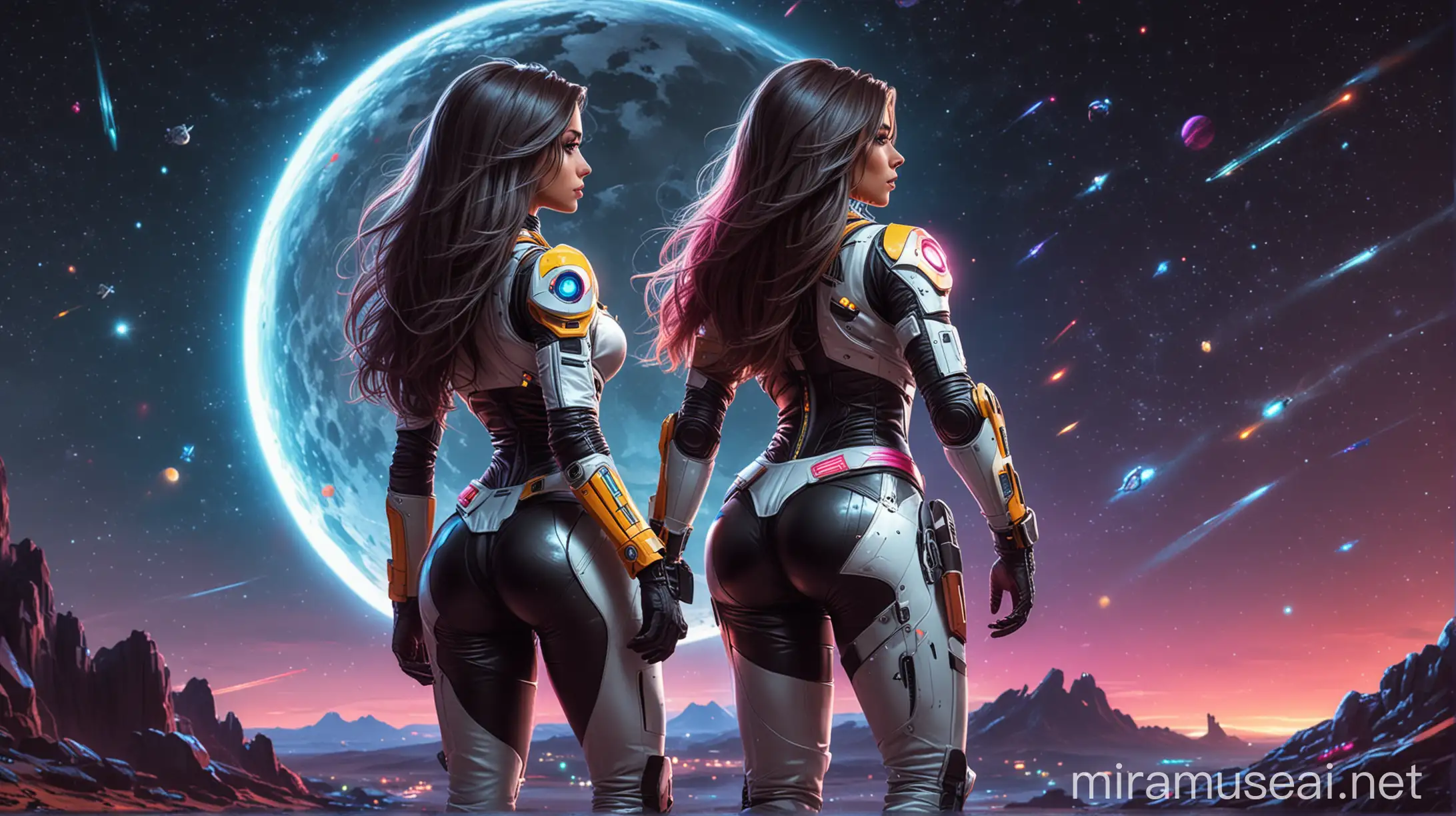 cartoon style, spanish slim finess model girl, sexy round ass, heroic pose from behind, wild long modern hair style, tight heavily armored spacesuit, black and white spacesuit, colorful neon glowing spacesuit, belt with pouches, colorful night sky, giant sci-fi spaceship