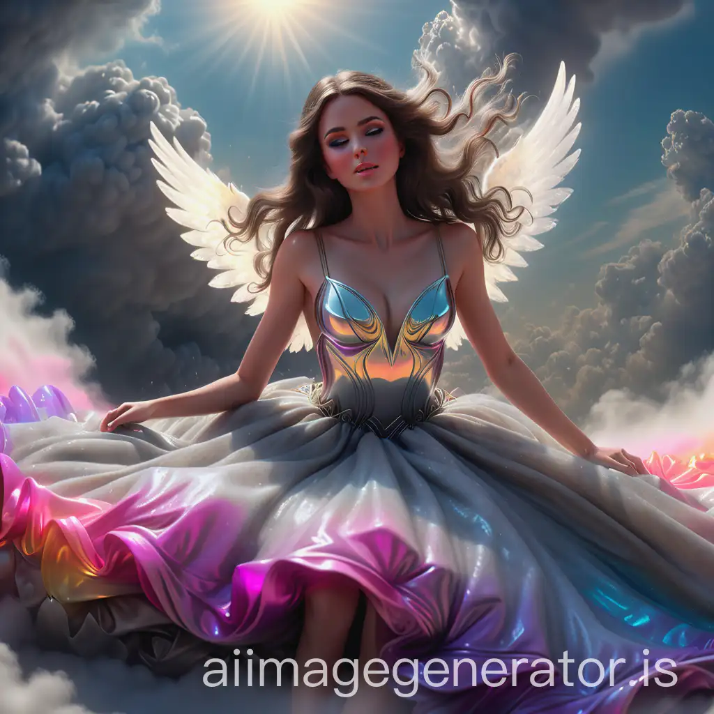 gorgeous sexy and beautiful angel, brunette hair, halo zoom out, distance, flowing ash fluffy gown, glow underneath laying in puffy clouds (masterpiece, best quality:1.5), Megapixel, Photo-Realistic, sharp focus, perfect symmetry, sharp focus, insanely detailed and intricate, vibrant colors, cinematic lighting, Octane render, epic scene, 8K, hyper realism, symmetrical, character design, fog, octane render, hyper detailed, volumetric lighting, hdr, realistic soft skin, shining, vibrant, photo realism, Canon EF 70-200mm f/2.8L IS, morphing into iridescence, (fairy tale Palace in background:0.8), glowing vibrant colors, smoke, art, mythology, haze, ultra-detailed, film photography, light leaks, Larry Bud Melman, trending on artstation, sharp focus, studio photo, intricate details, highly detailed, by greg rutkowski