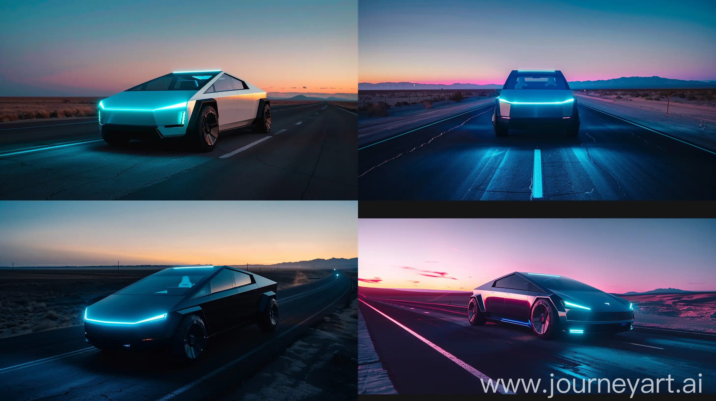 Tesla Cybertruck poised on a desolate highway, aesthetic landscape, sleek lines, neon blue headlights casting glow, dusk, futuristic, vaporwave style --ar 16:9 --s 200 --c 10 --v 6 --relax