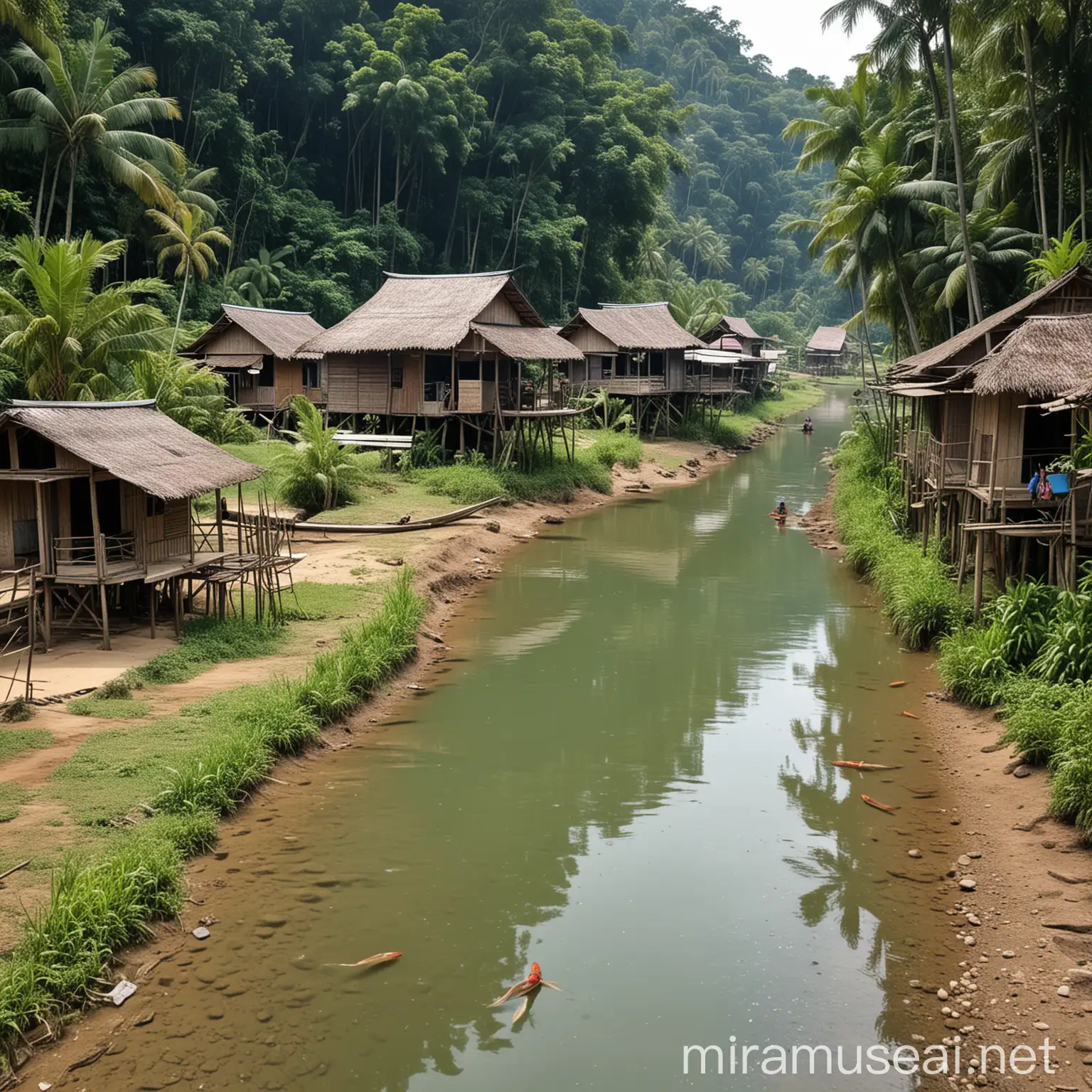 Traditional Malay Village with Fishing Mother by the River