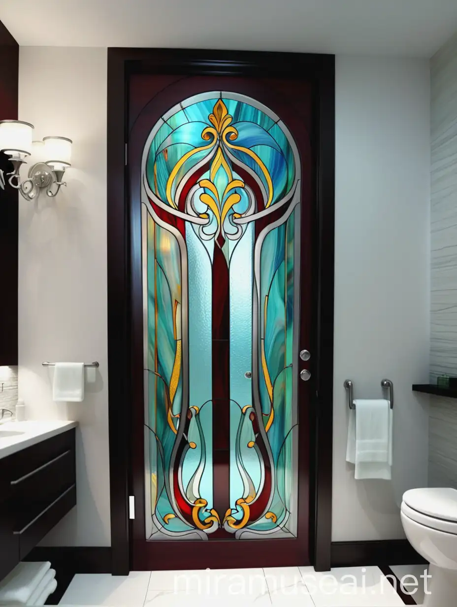 Tiffany Stained Glass Door with Smooth Lines in a Bathroom