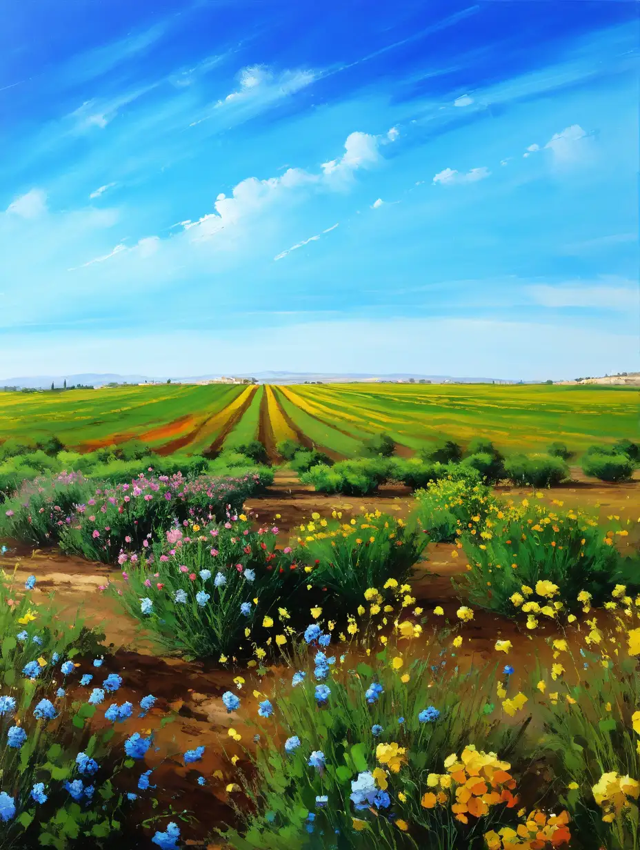 Vibrant Blooming Fields Under Azure Skies Scenic Landscape Painting of Israel