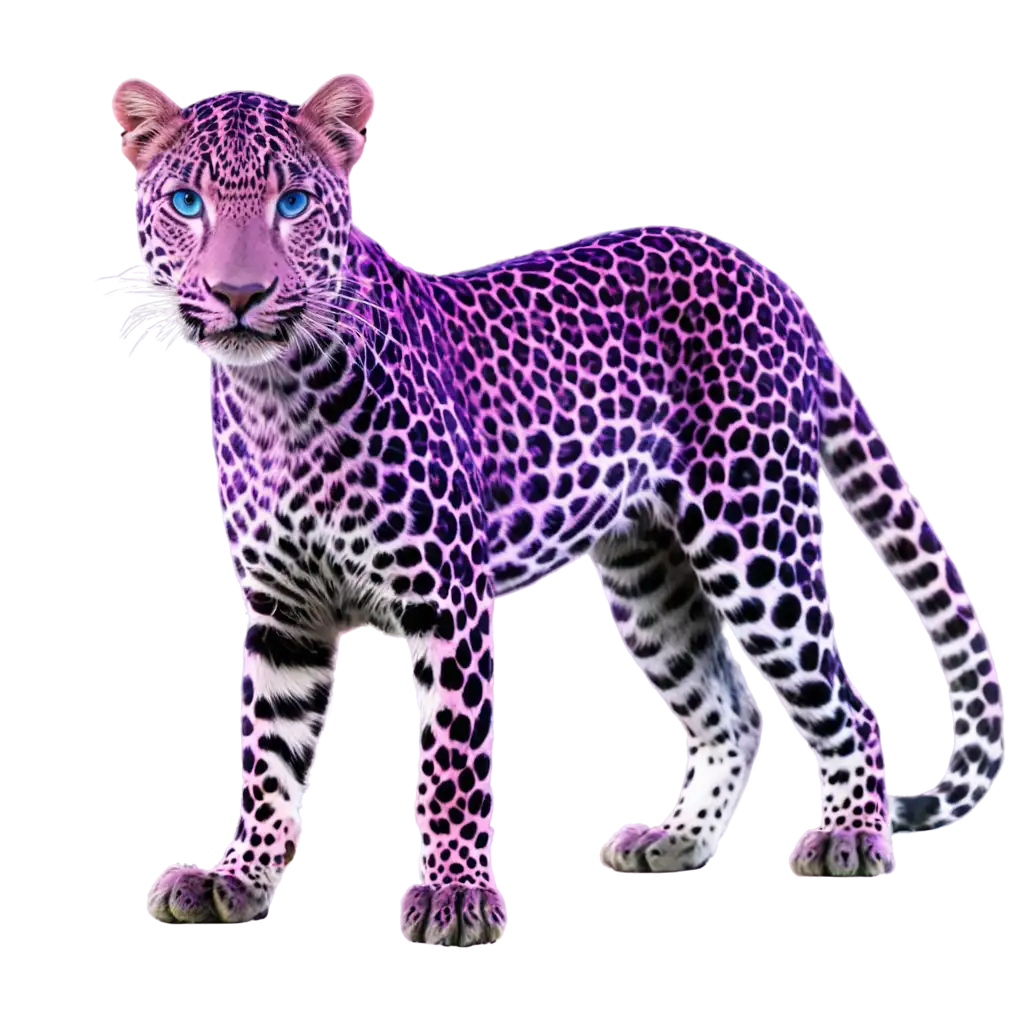 pink leopard with purple spots and blue eyes and 4 legs without a shadow on a transparent background