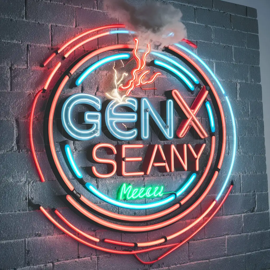 a logo design,with the text 'GenX Seany', main symbol:a neon circular sign mounted on a dark grey brick wall, with the word 'GenX' formed from the letters ‘Gen’ in dark blue neon and then a larger “X” immediately to the right of this, in dark red neon. An electric spark and a small puff of smoke can be seen coming from the neon light that makes the red “X” in the GENX word. underneath 'GenX' should be the word 'Seany', also written in green neon lights. a surrounding circle should be made from neon lights also, one red and one blue. ultra realistic, showing the lights illuminating the wall that the sign is mounted on,complex,be used in social media industry,clear background,low ambient light