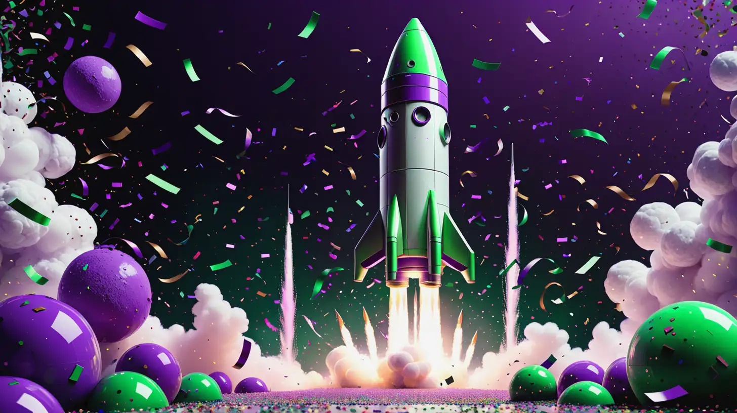 large rocket in middle, confetti, futuristic looking, purple and green colors
