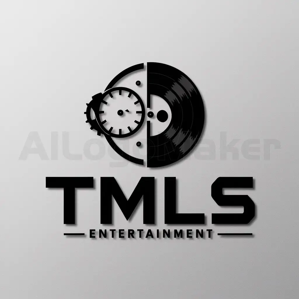 a logo design,with the text "TMLS", main symbol:a Watch and a Record,Moderate,be used in Entertainment industry,clear background