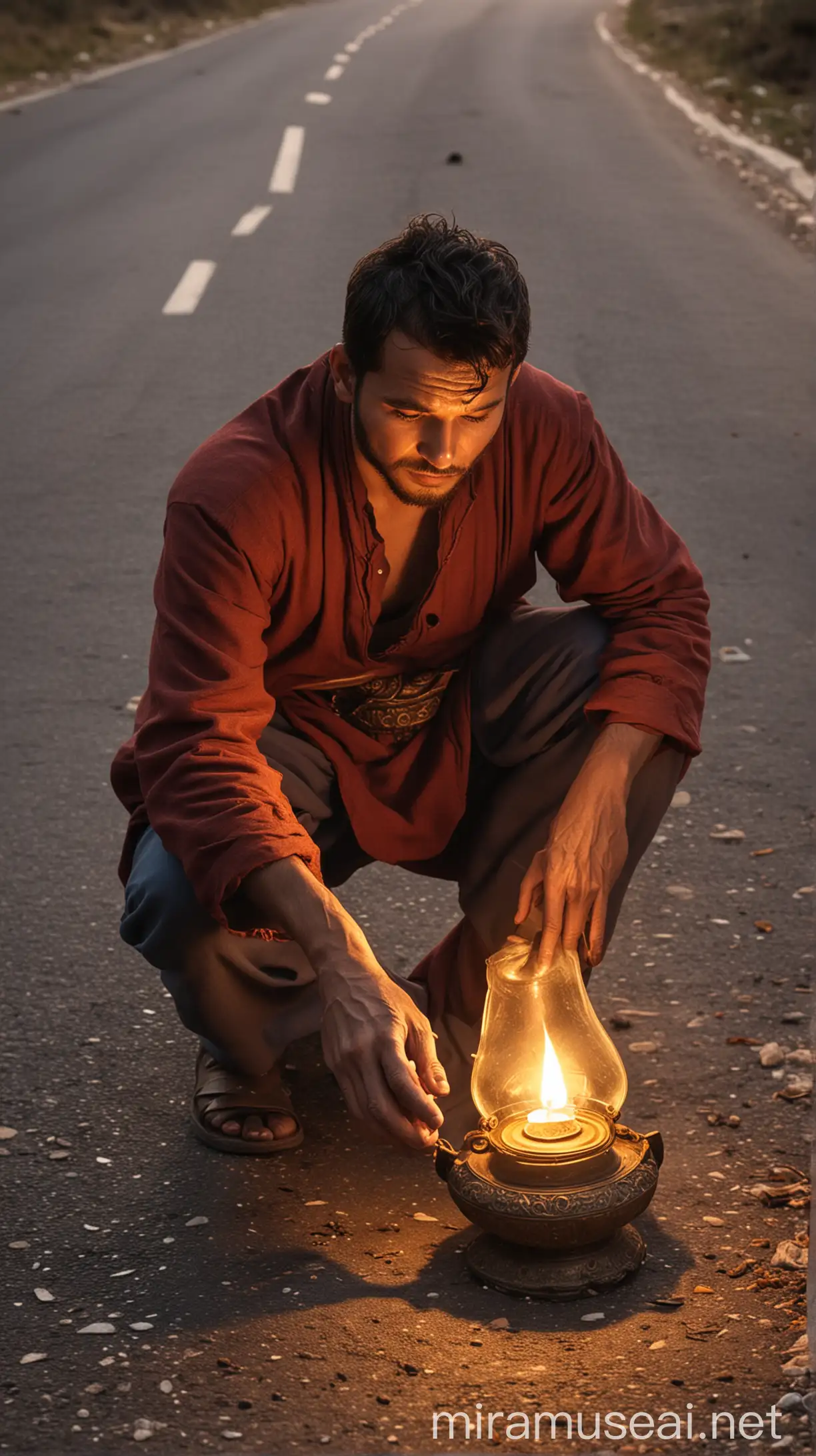 A man found an ancient oil lamp on the road and started rubbing it. A genie came out of the lamp and said: "For your kindness, I will grant you three wishes."