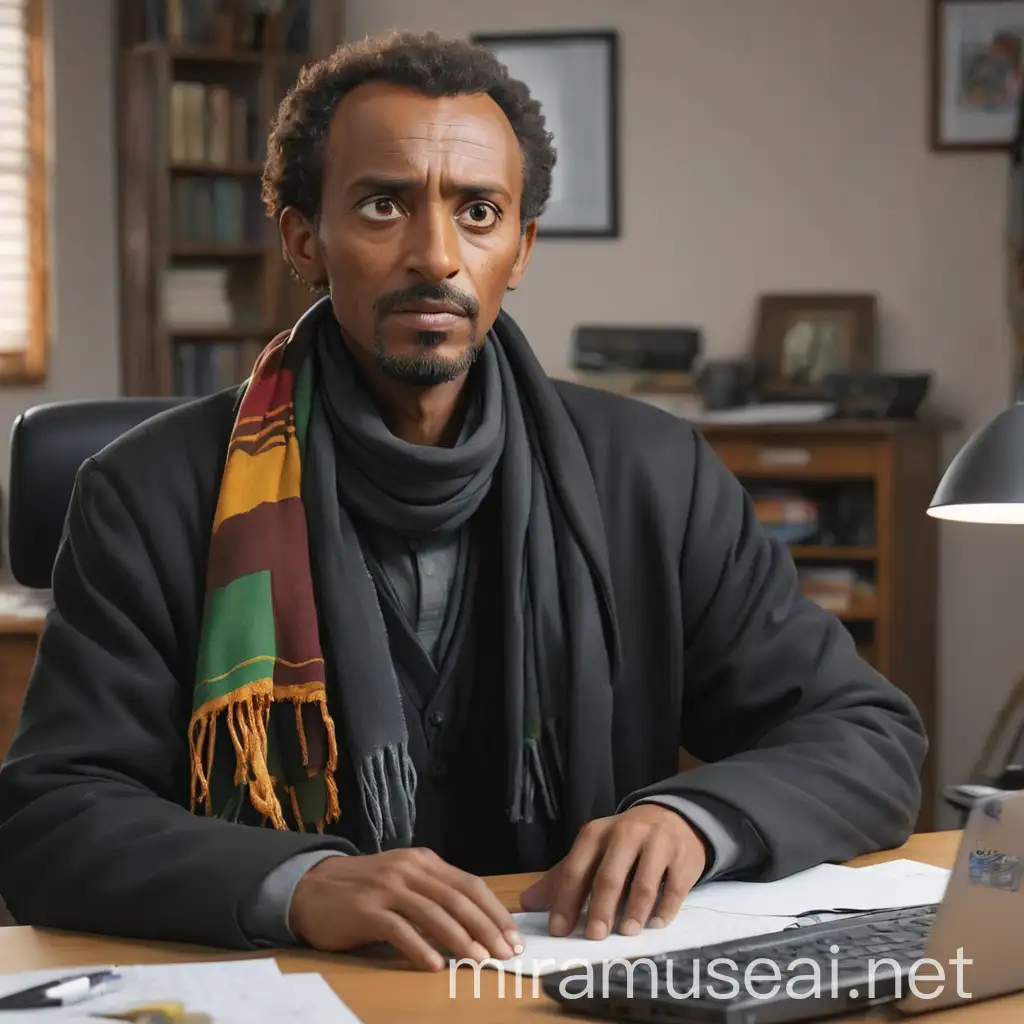 Ethiopia is a beautiful man,forty year man, Arte teacher,Cinematic style, Arte studio sit and teach ,Sitting in the office A man in a black coat, a scarf around his neck, a PC on the table in front of him.