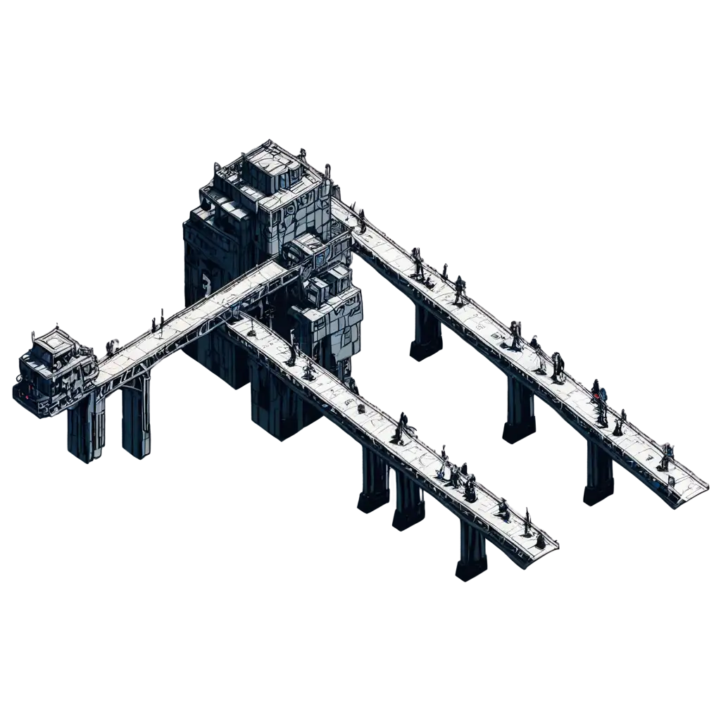 anime style pen and ink cyberpunk bridge isometric futuristic
