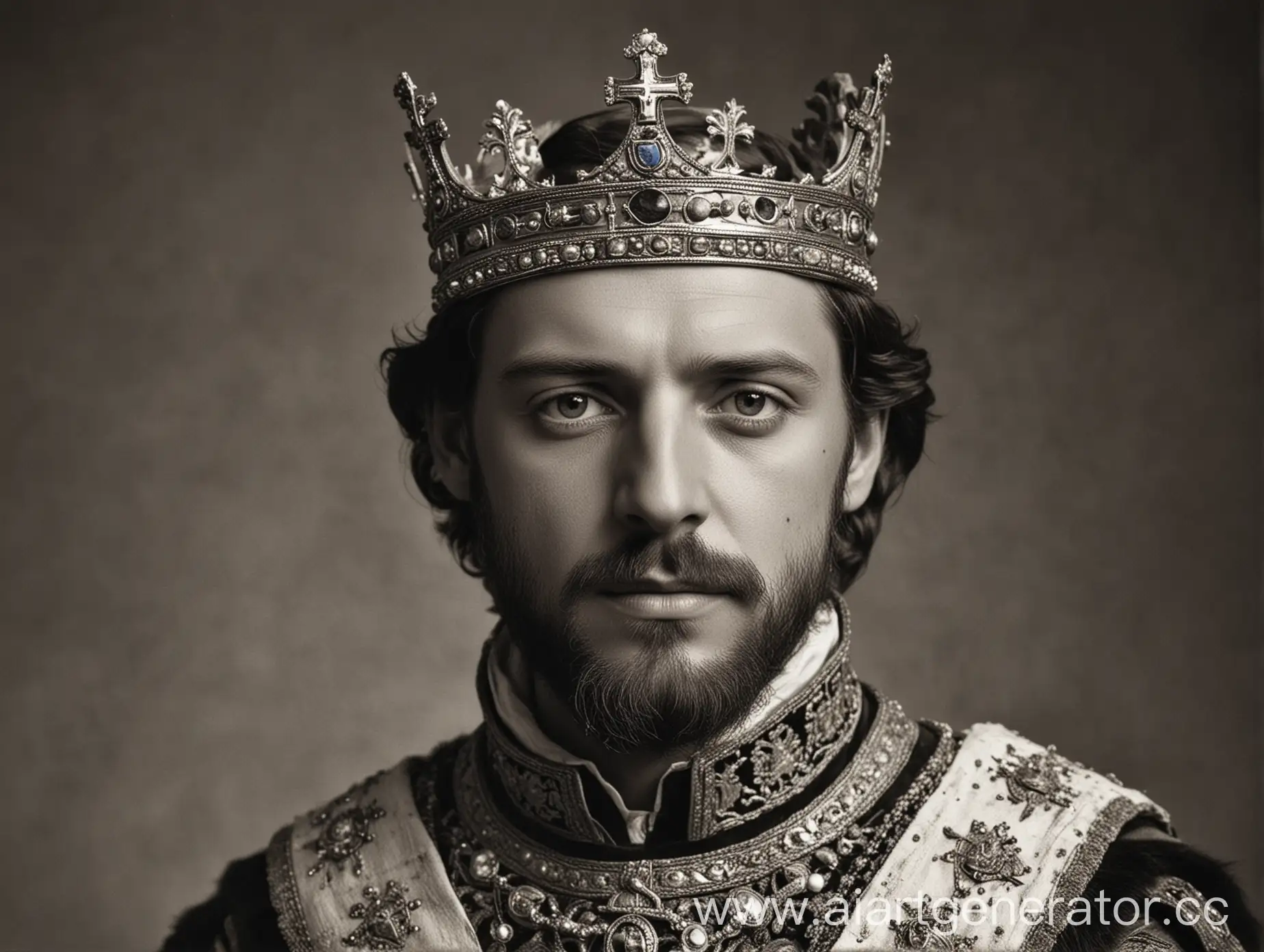 Король германии 12 века лет 30 с короной в черно белом наряде с темными волосами и не большой бородой
