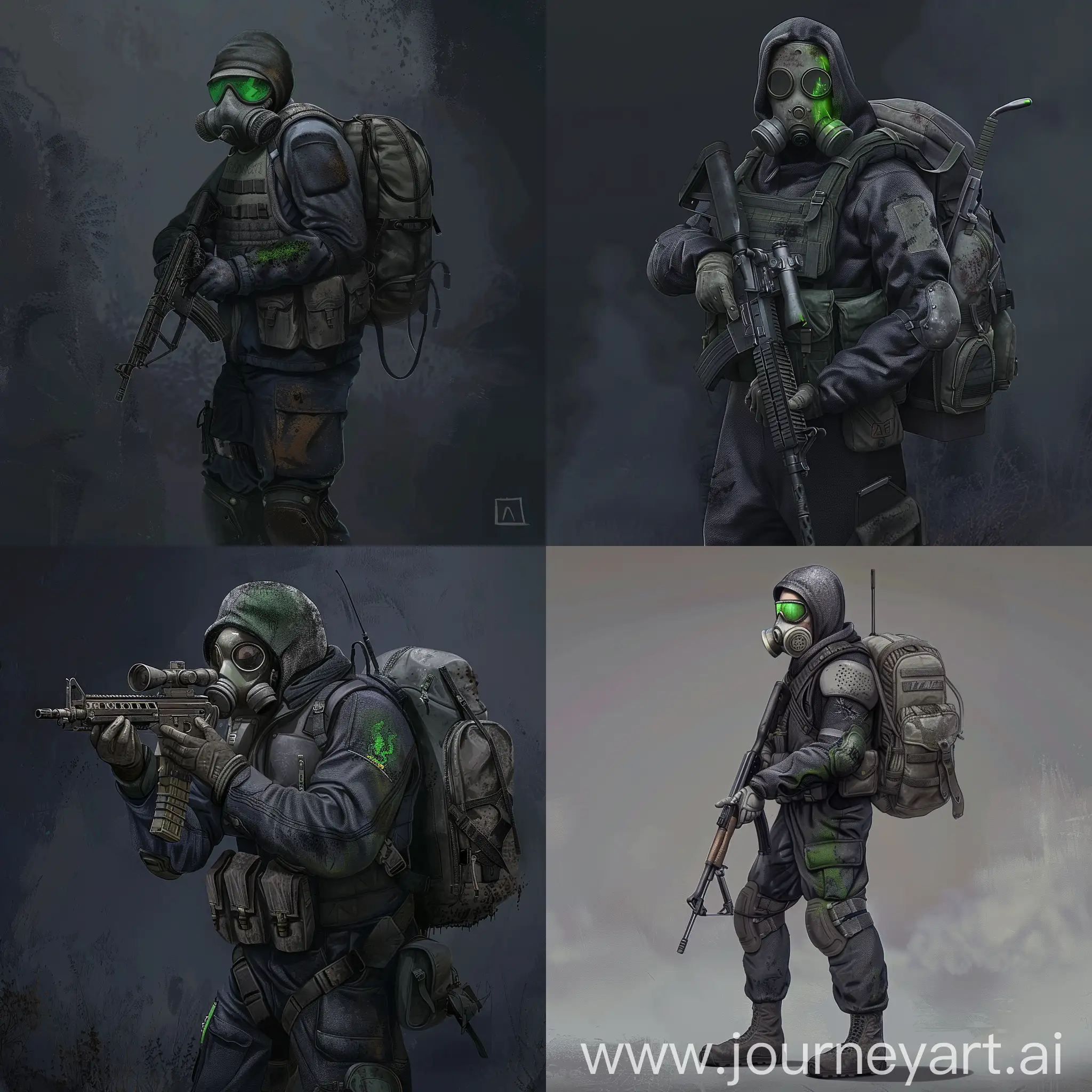 Digital art of a mercenary from the universe of S.T.A.L.K.E.R., dressed in a dark blue military jumpsuit, gray military armor on his body, a gas mask on his face, a backpack on the back, a rifle in the hands of a mercenary.