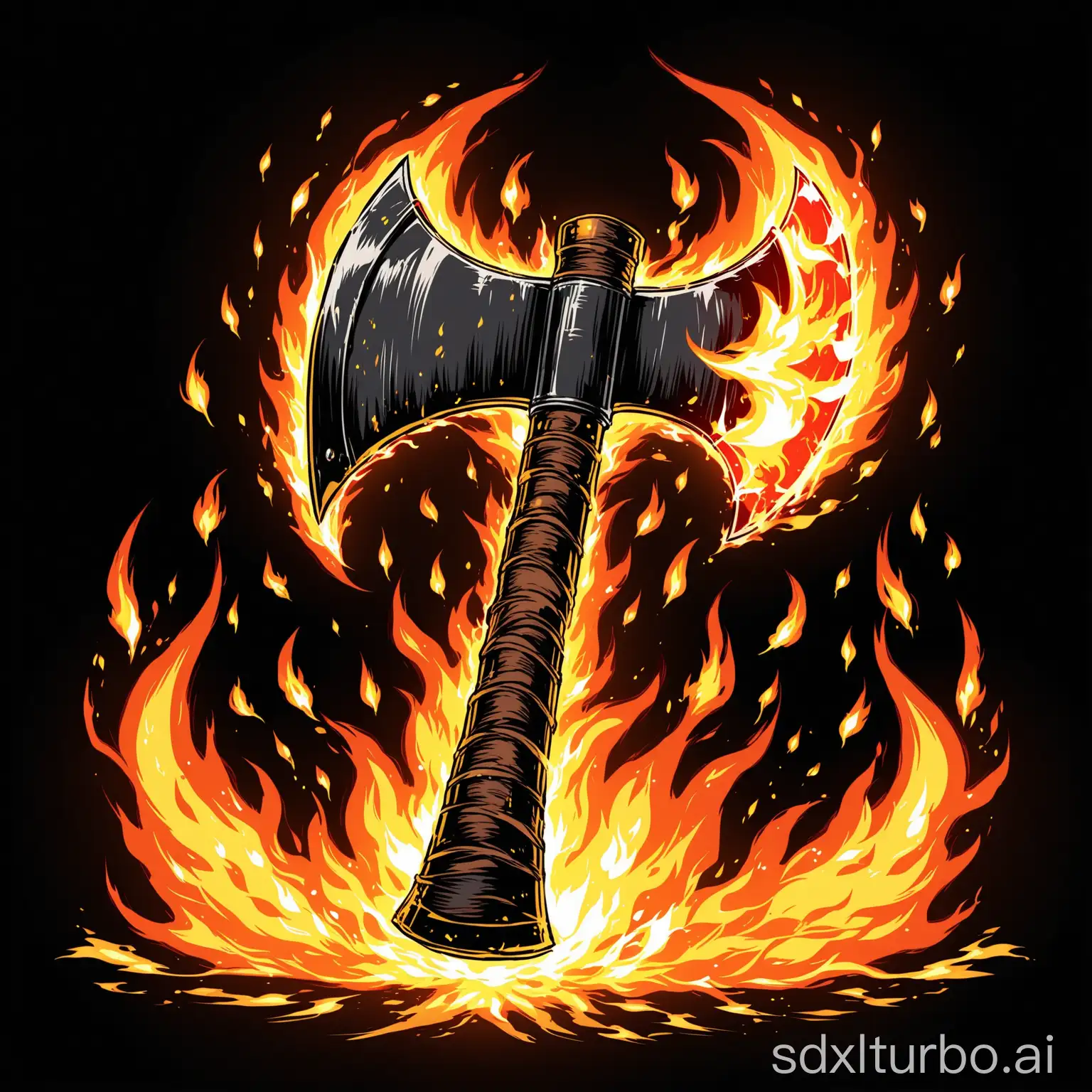 A flaming double-sided axe on a uniform black background