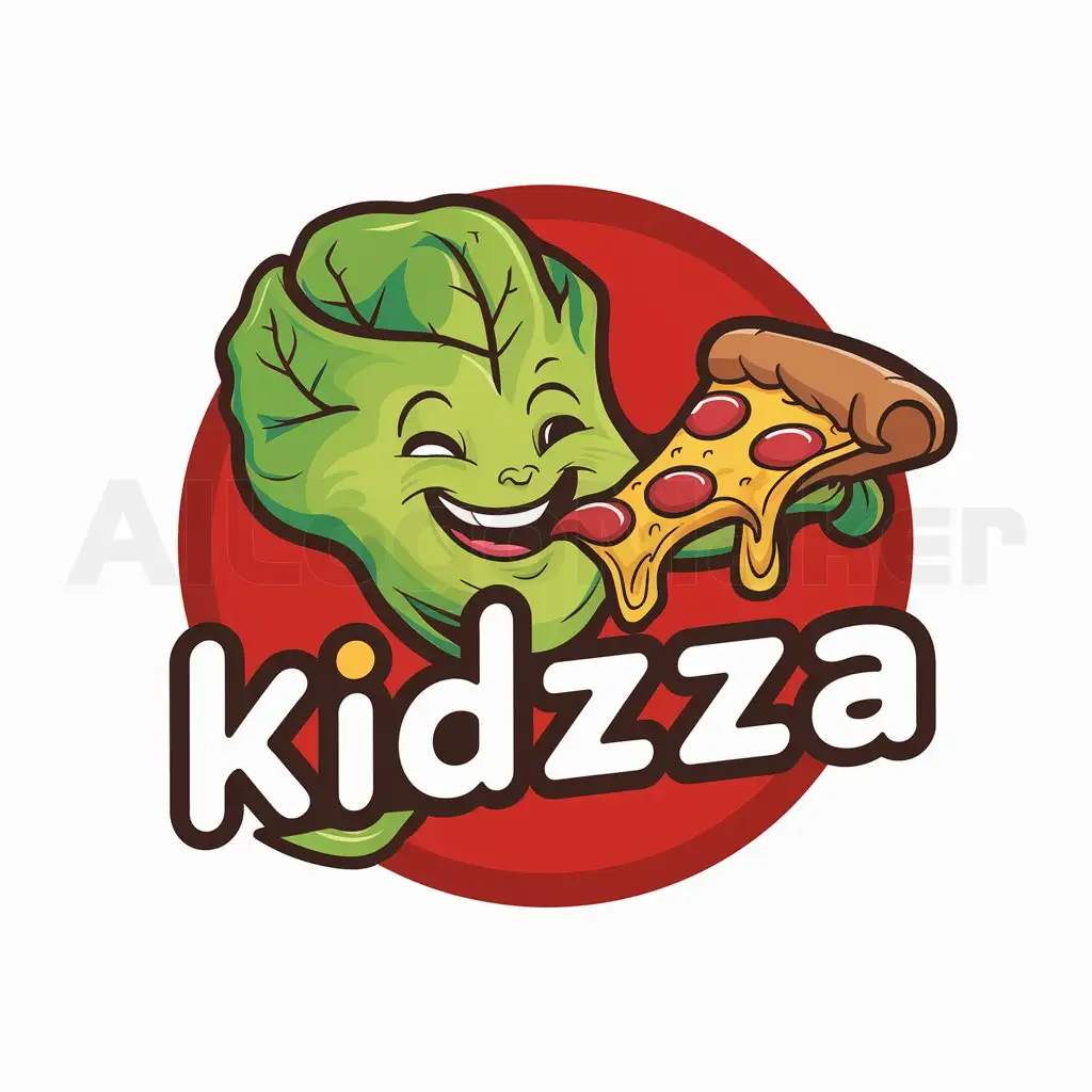 a logo design,with the text "kidzza", main symbol:a baby spinach animated eating pizza and that the background be red,Moderate,clear background