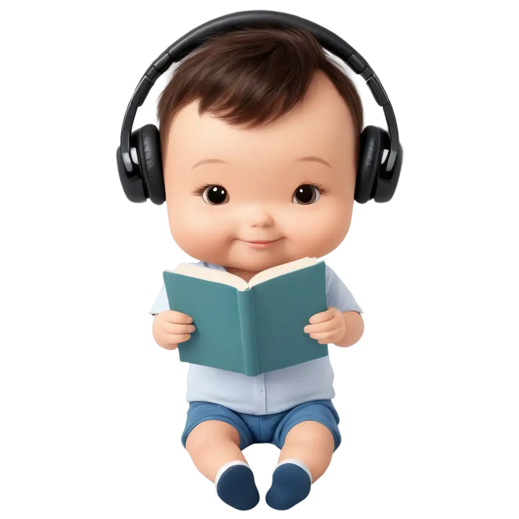 Give me logo of newborn baby with only upper body 
face showing wearing headphone and reading book. 