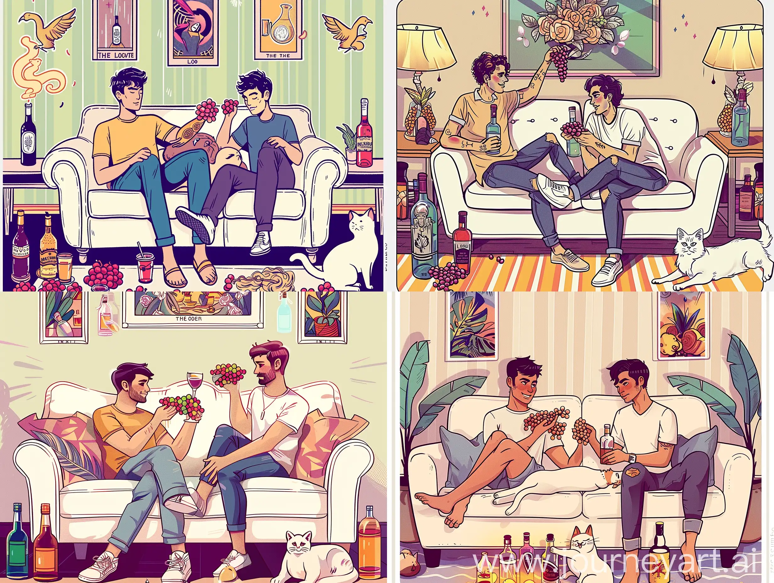 Intimate-Moment-Two-Men-Sharing-Grapes-on-a-White-Sofa-with-a-White-Cat-and-Bottles-of-Alcohol