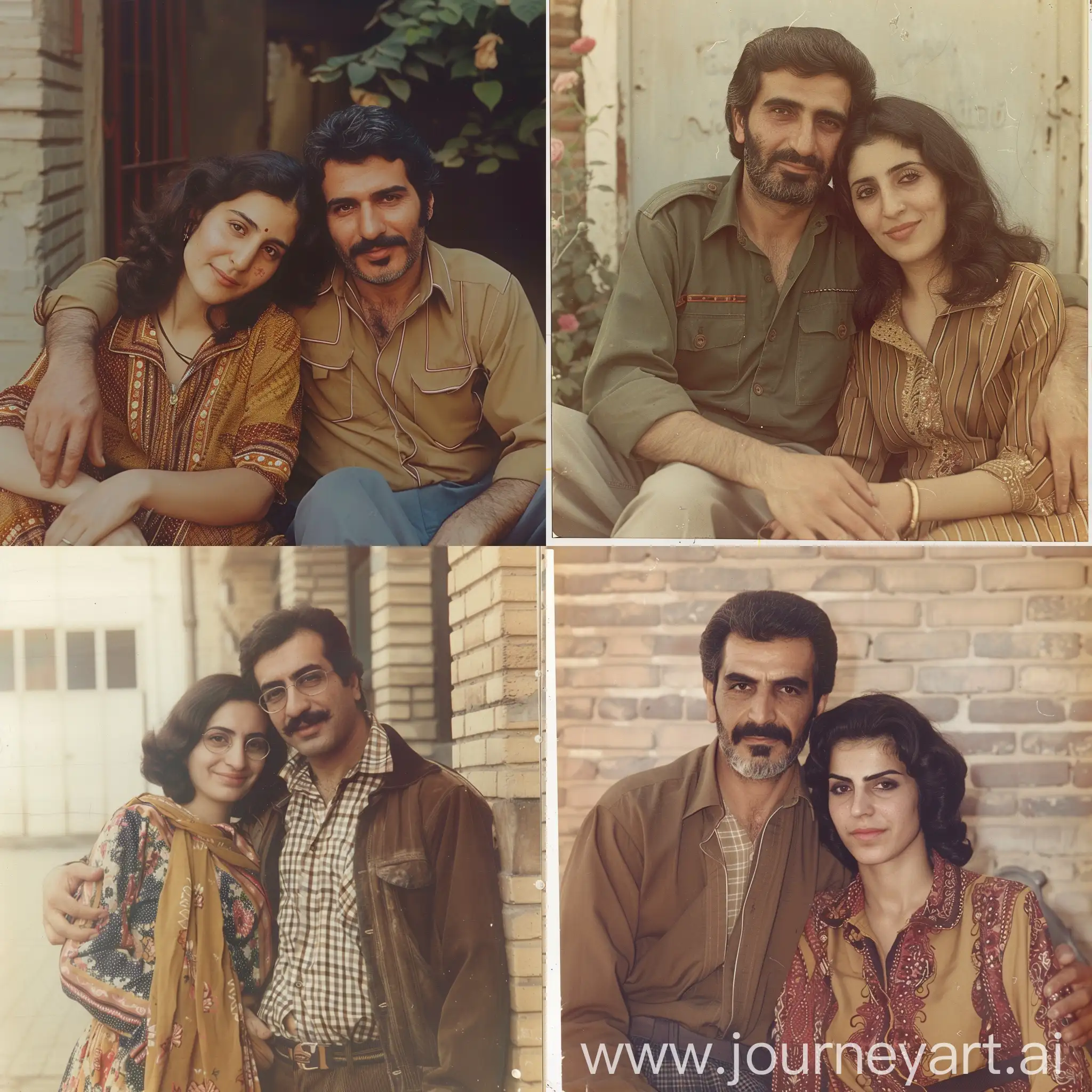 Nostalgic photo of an Iranian man and woman in the 1970s, detailed details. 