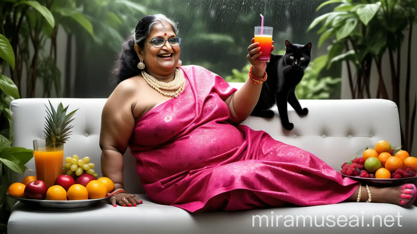 Cheerful Indian Woman Enjoying Fruit Juice in Flower Garden