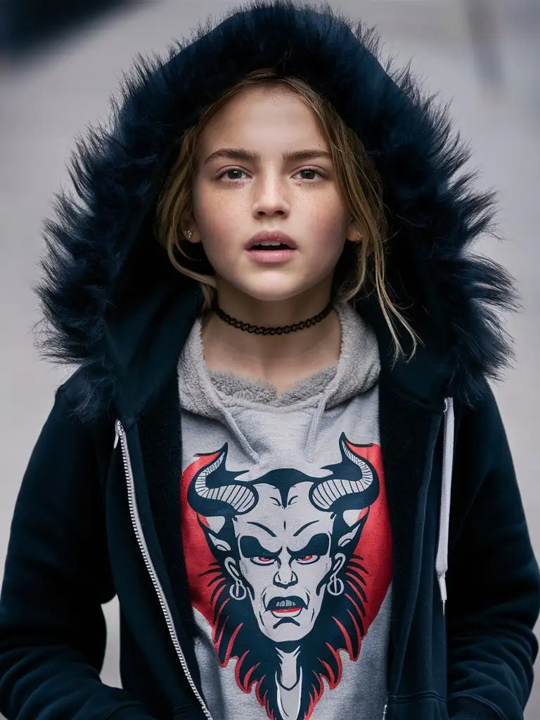 teenager, fur-trimmed hoodie, choker, Beelzebub, fleece undershirt, hot 