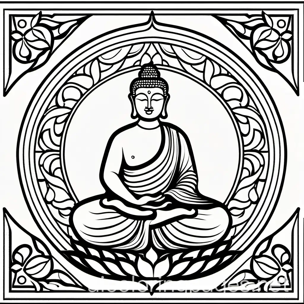 yoga buddha mindfulness, Coloring Page, black and white, line art, white background, Simplicity, Ample White Space. The background of the coloring page is plain white to make it easy for young children to color within the lines. The outlines of all the subjects are easy to distinguish, making it simple for kids to color without too much difficulty