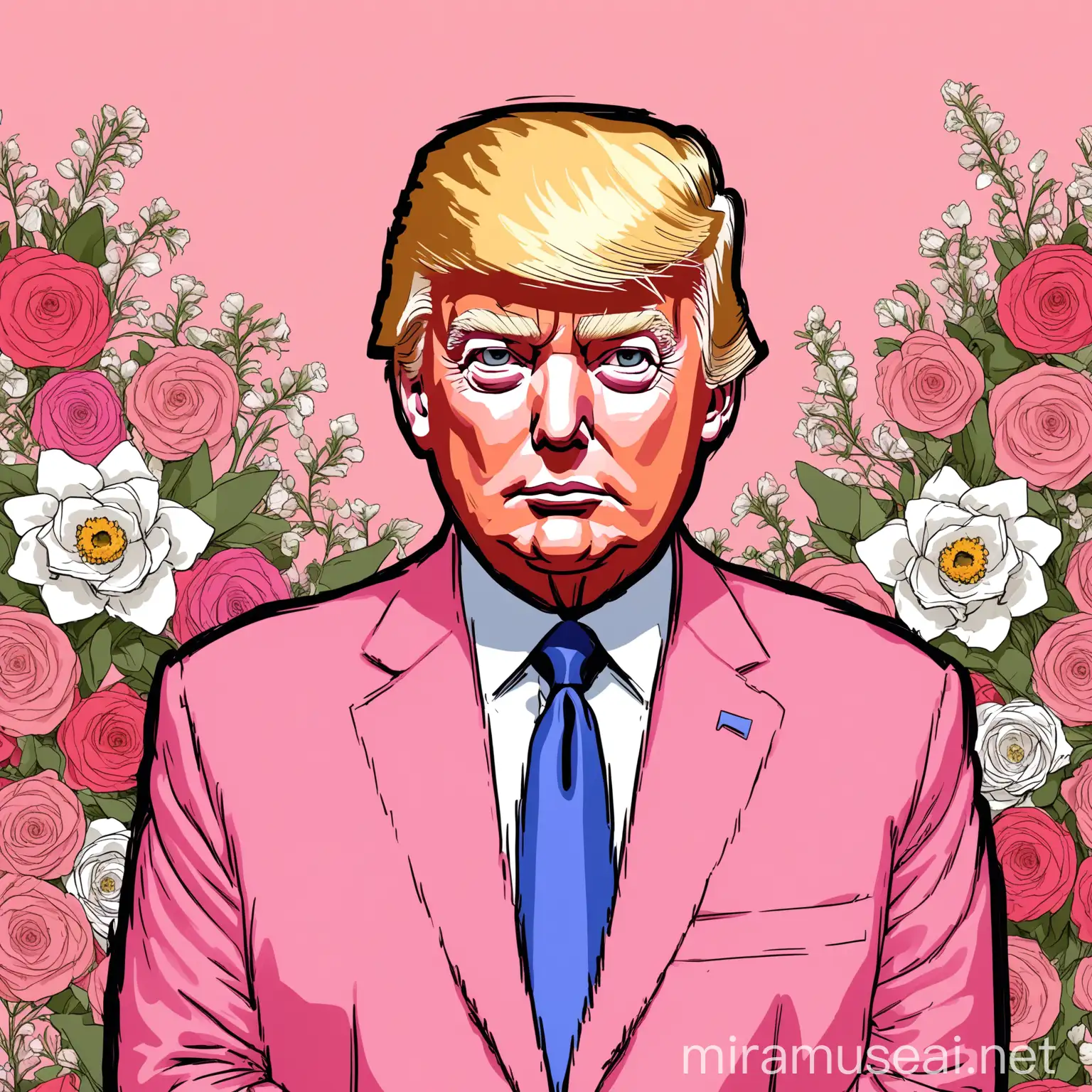Donald Trump Pink Suit Portrait with Floral Background