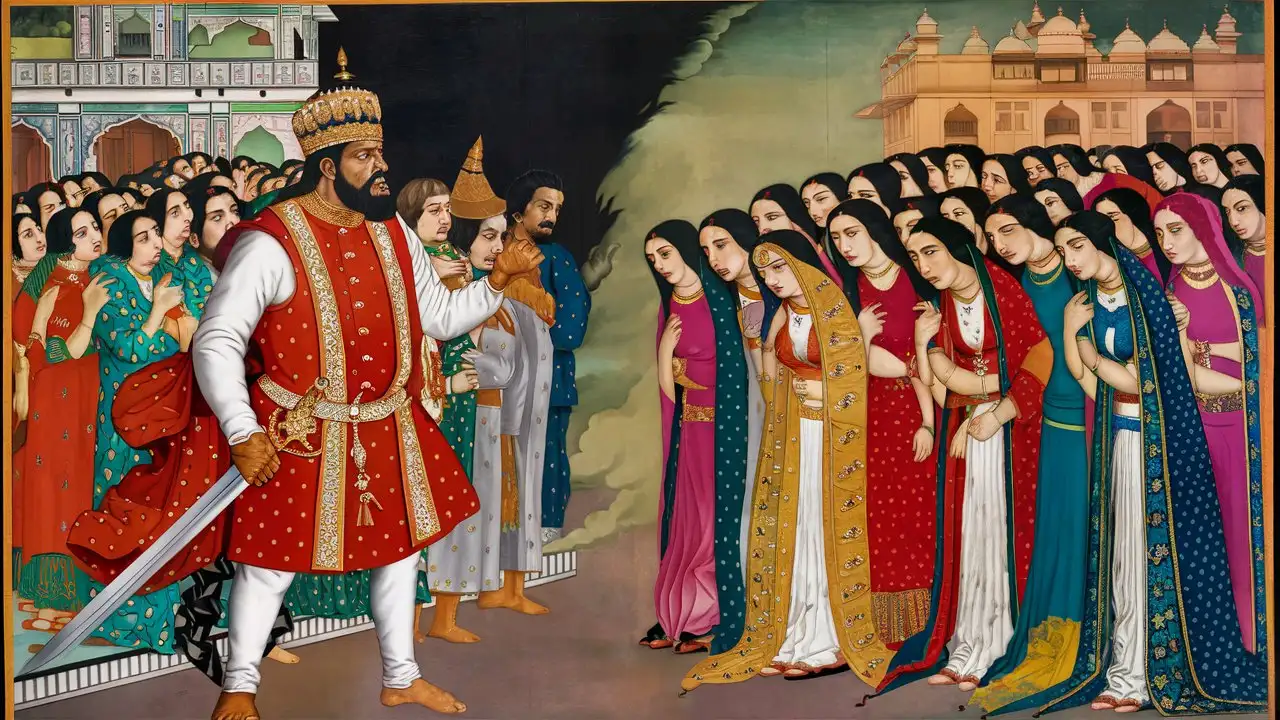 The Mughal king is standing angrily with a sword in front of his many wives, shot from behind